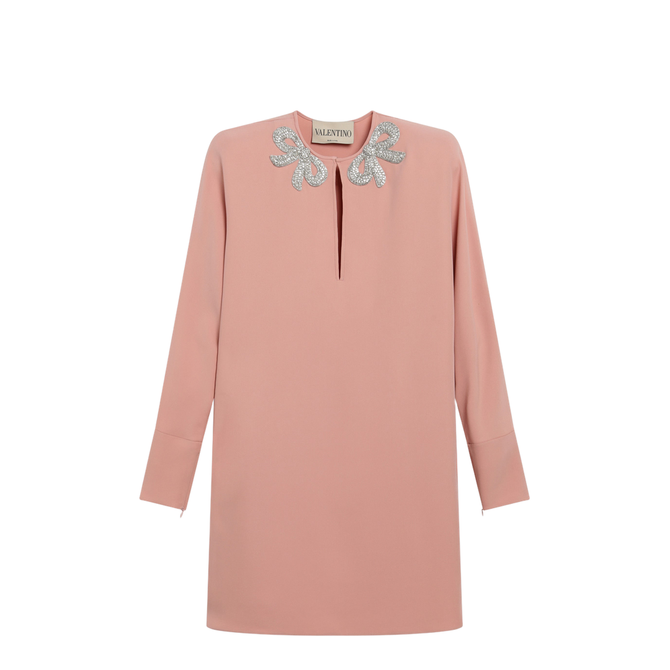 Pink Silk Short Dress with Embroidered Bows - Image 1