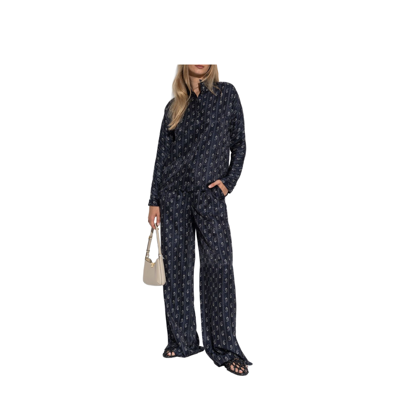 Navy Blue Paisley Print Button Fastening Mandarin Collar Long Sleeves - Image 5