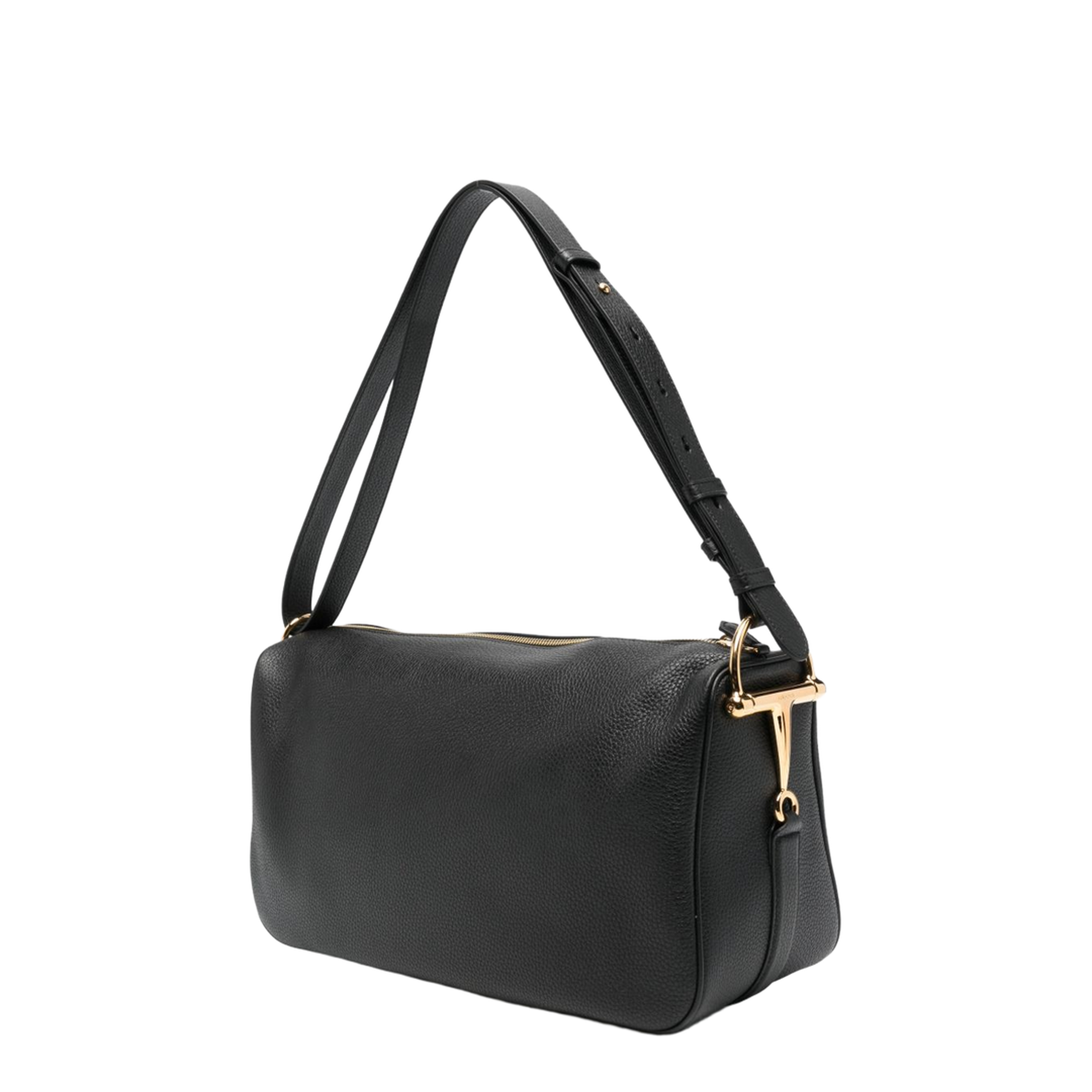 Half Horsebit Large Grained Calf Leather Shoulder Bag - Black - Image 2
