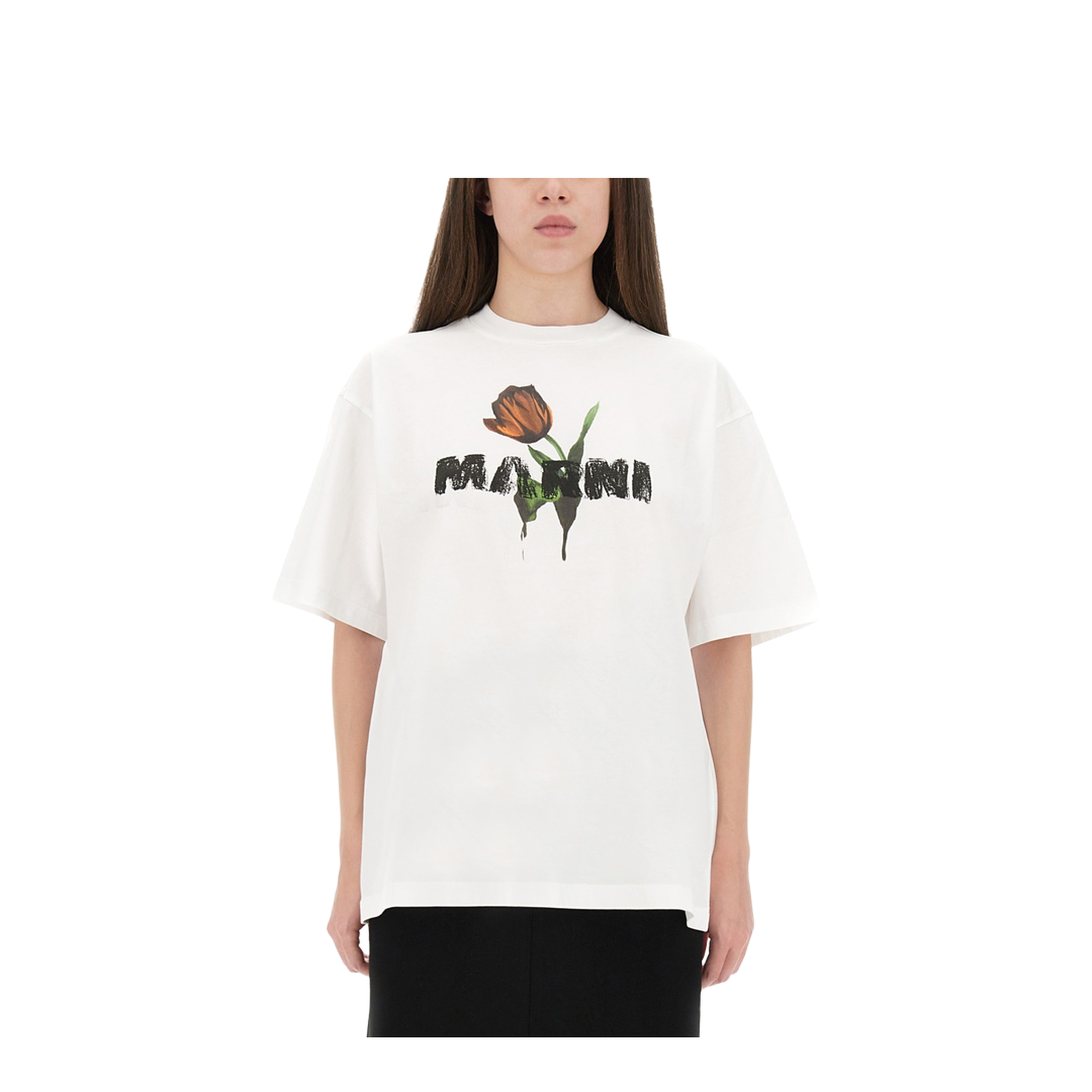 White Cotton T-Shirt with Tulip Print - Image 1