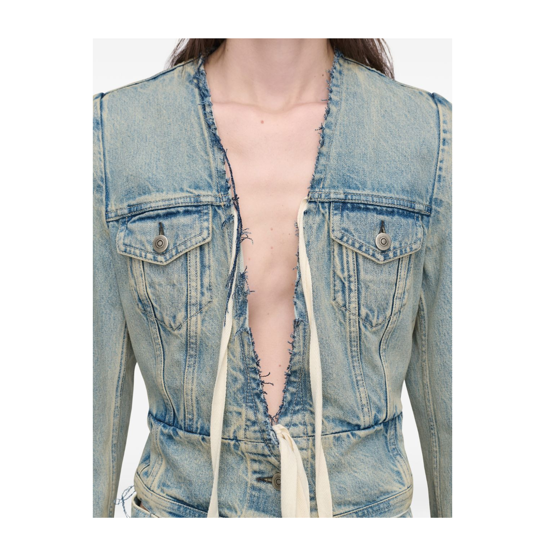 Light Blue Cotton Denim Jacket With V-Neck - Image 5