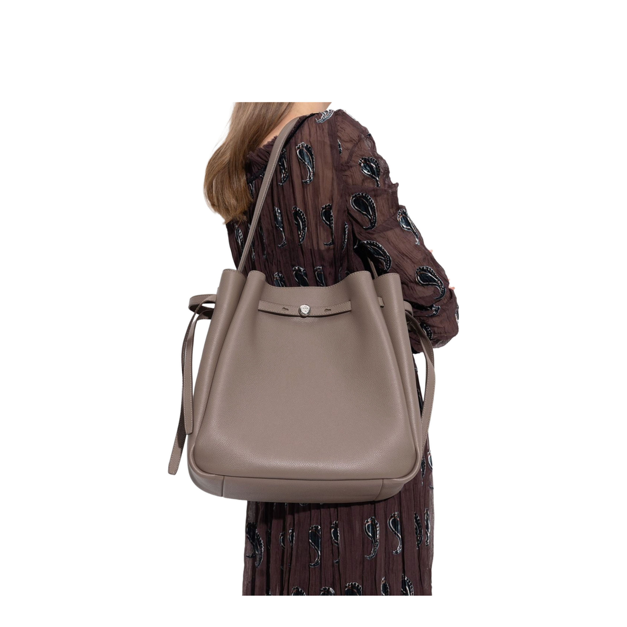 Romy Large Pebbled Leather Bucket Bag - Wild Mushroom - Image 5