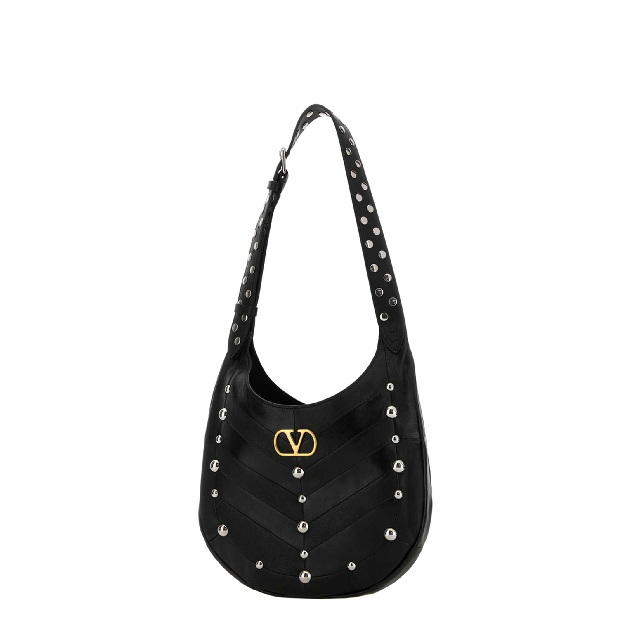 Hoboho Nappa Leather Hobo Bag With Chevron Pattern And Studs Black - Image 2
