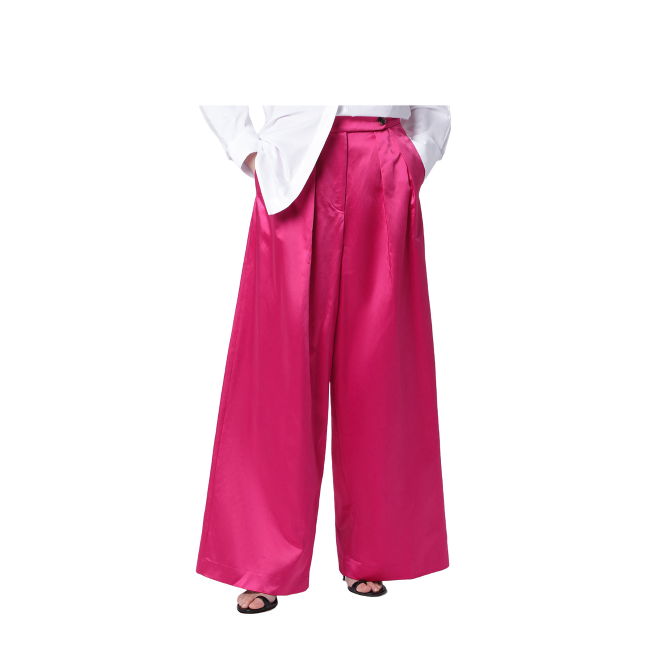 Wide Pleated Fuchsia Satin Trousers - Image 1