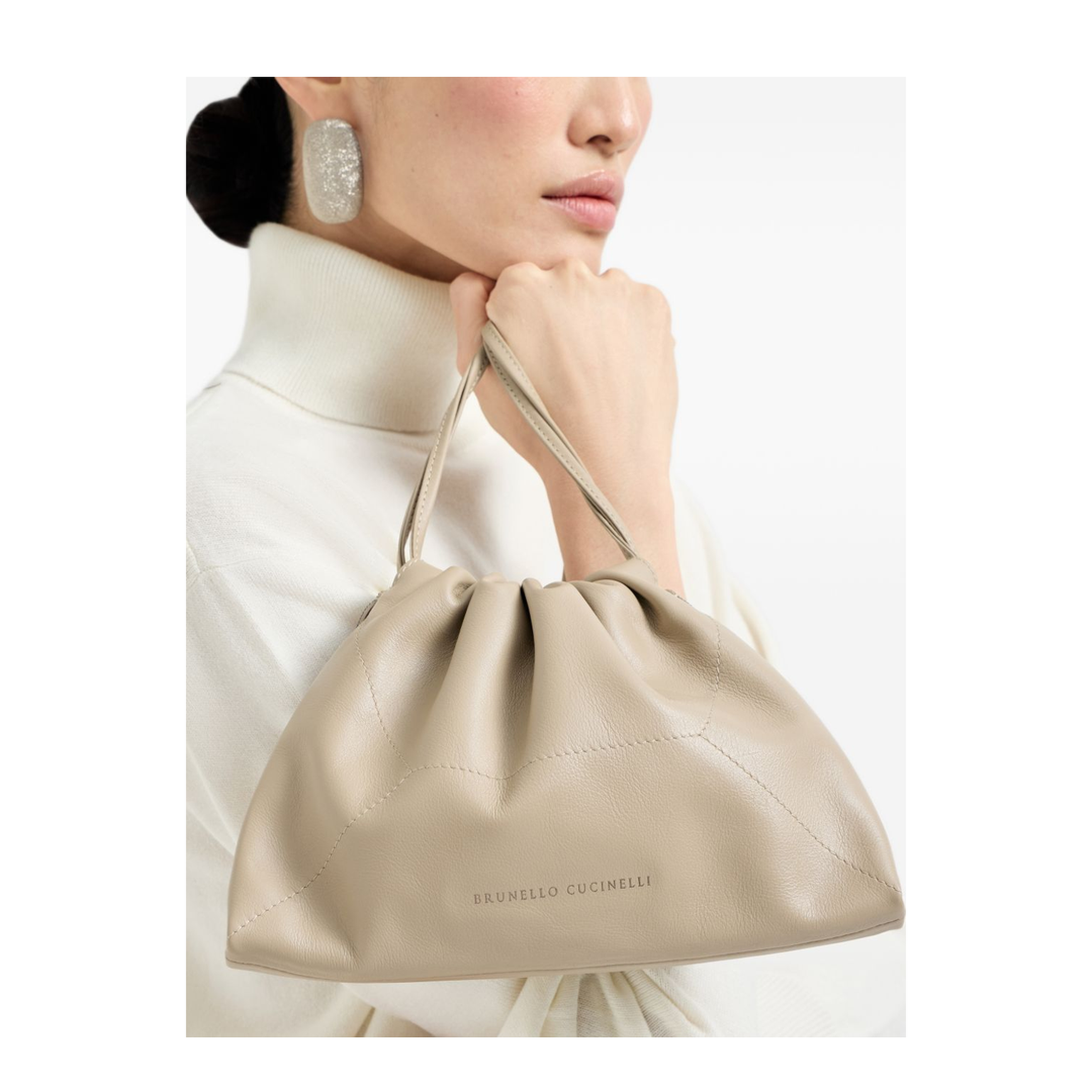Drawstring Leather Shoulder Bag - Beige - Image 3