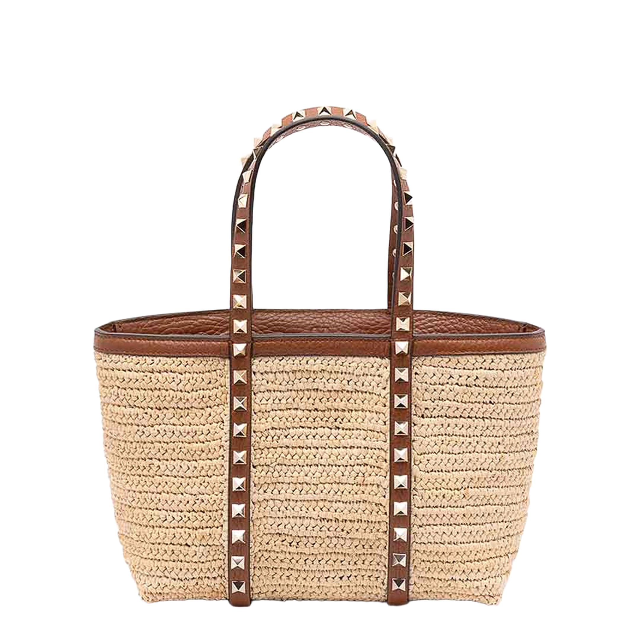 Rockstud Mini Raffia Shopping Bag - Natural/Saddle Brown - Image 4