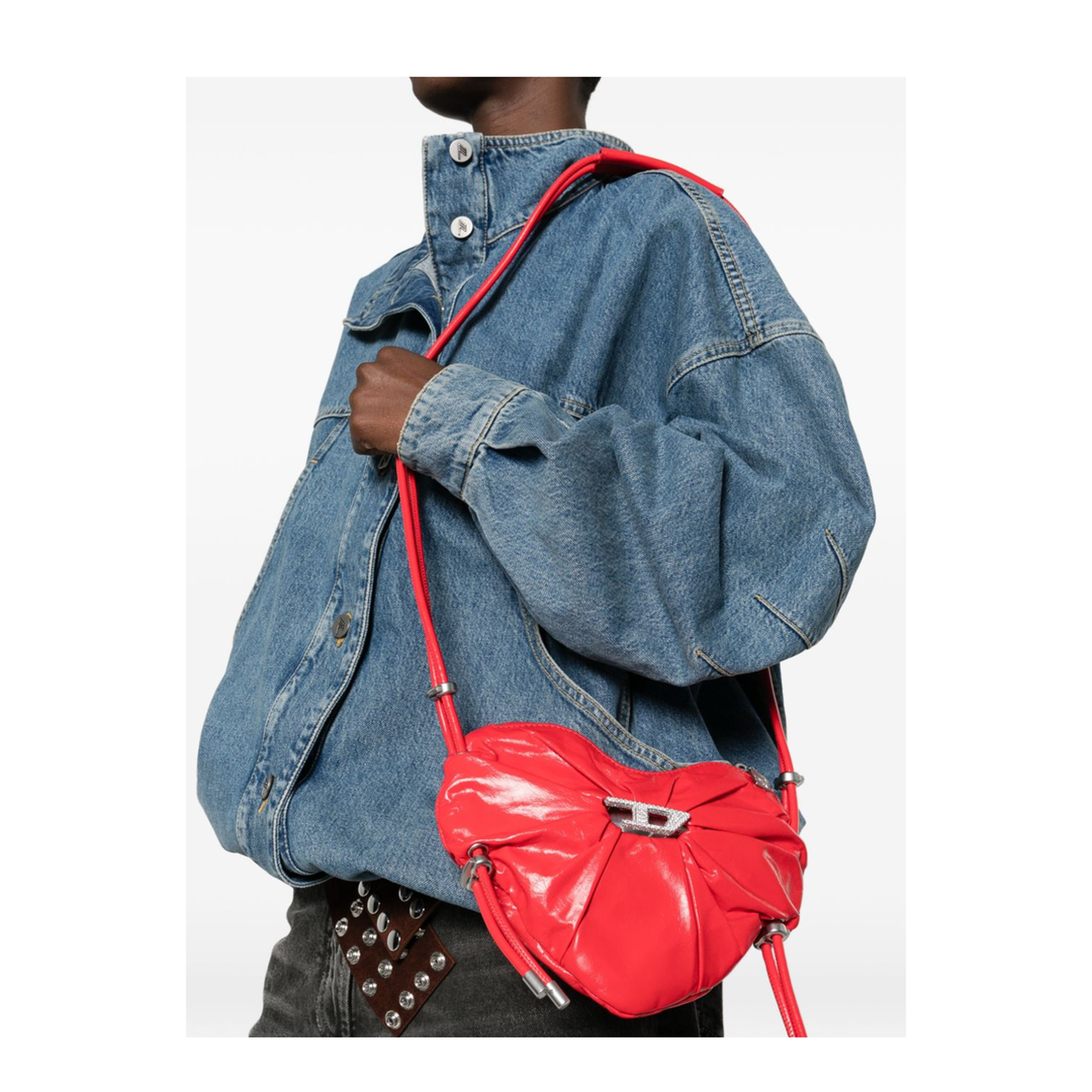 Scrunch-D-Heart Calf Leather Shoulder Bag - Red - Image 4