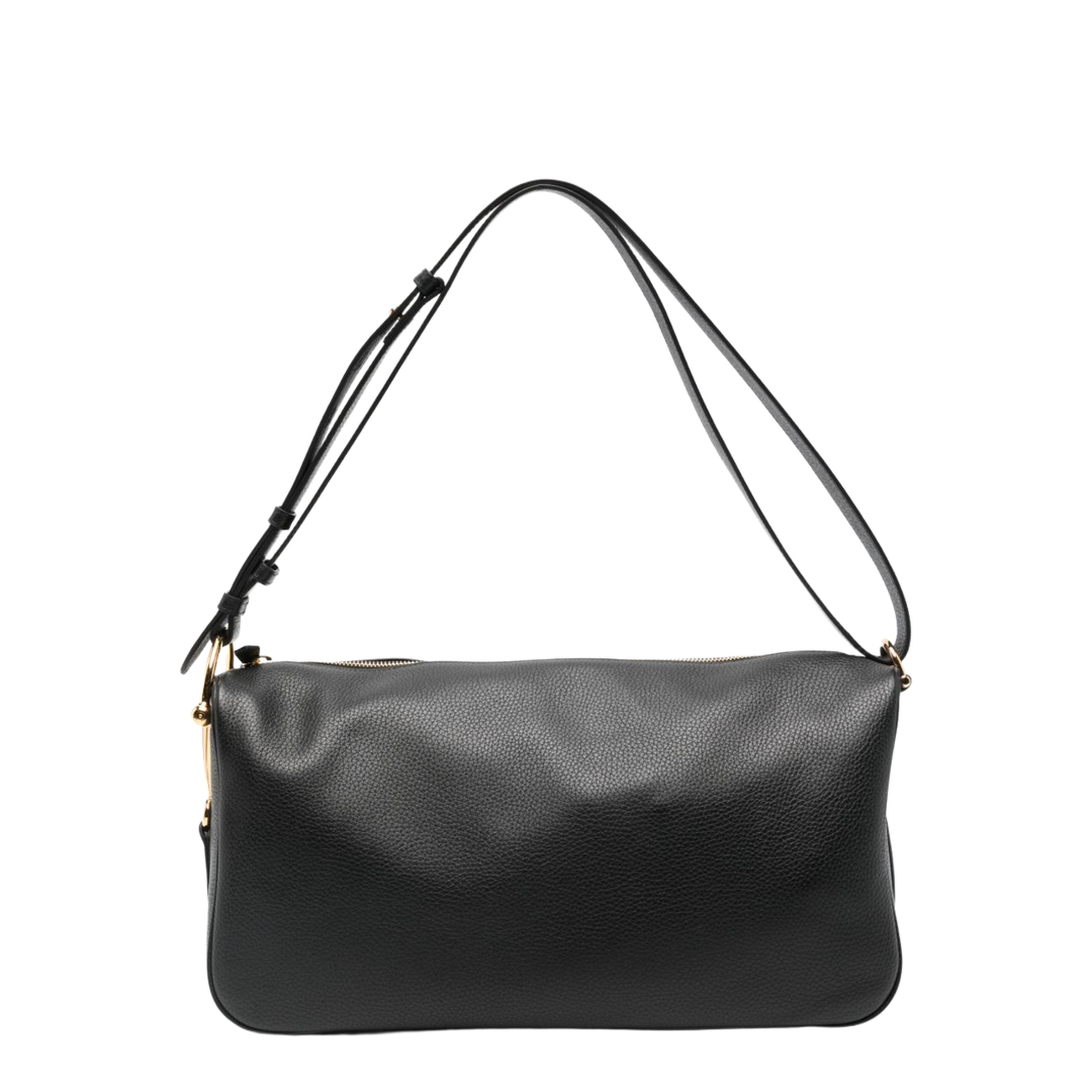 Half Horsebit Large Grained Calf Leather Shoulder Bag - Black - Image 1