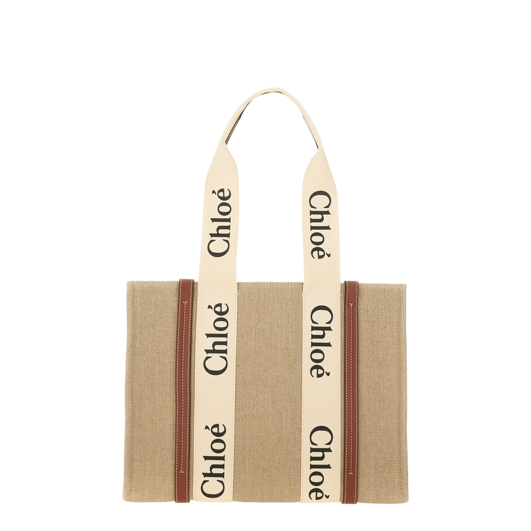 Woody Linen Canvas Tote Bag - White & Brown - Image 7