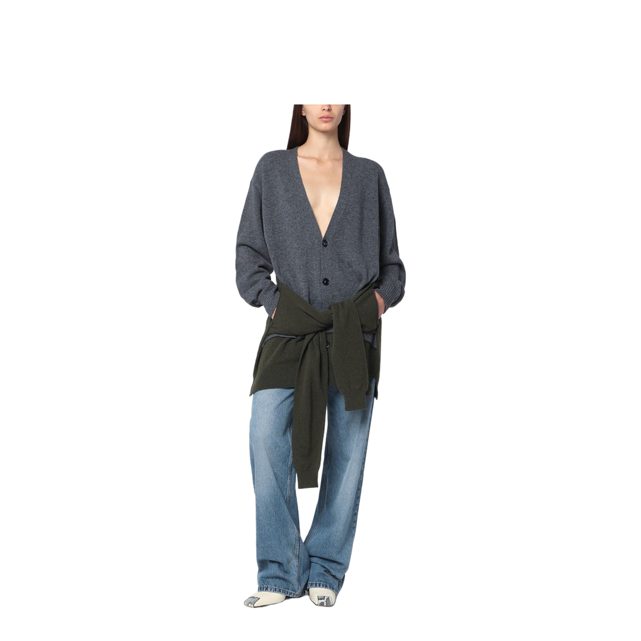 Grey Dark Green Cardigan with Crossed Sleeves - Image 1