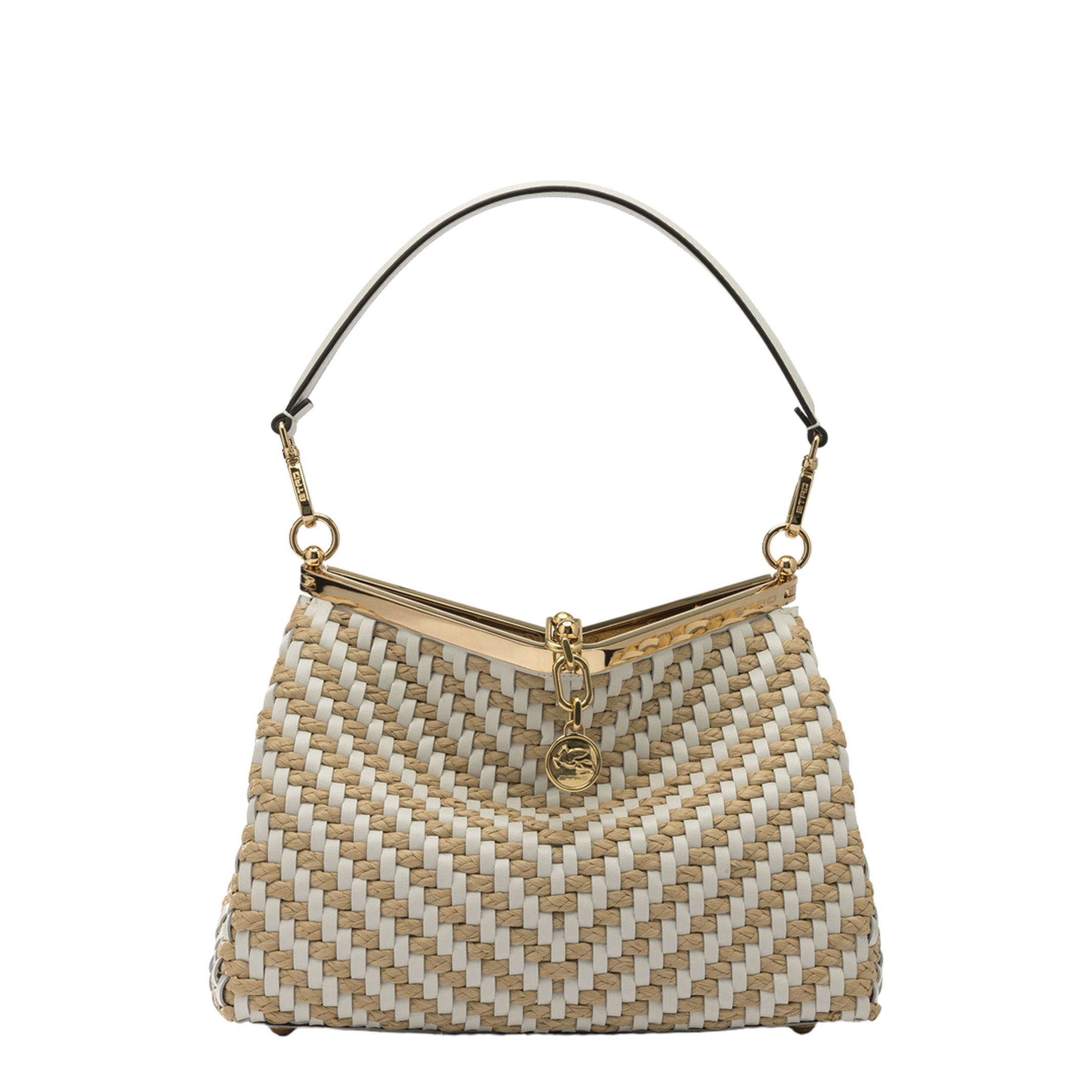 Vela Medium Woven Leather and Raffia Shoulder Bag - White - Image 1