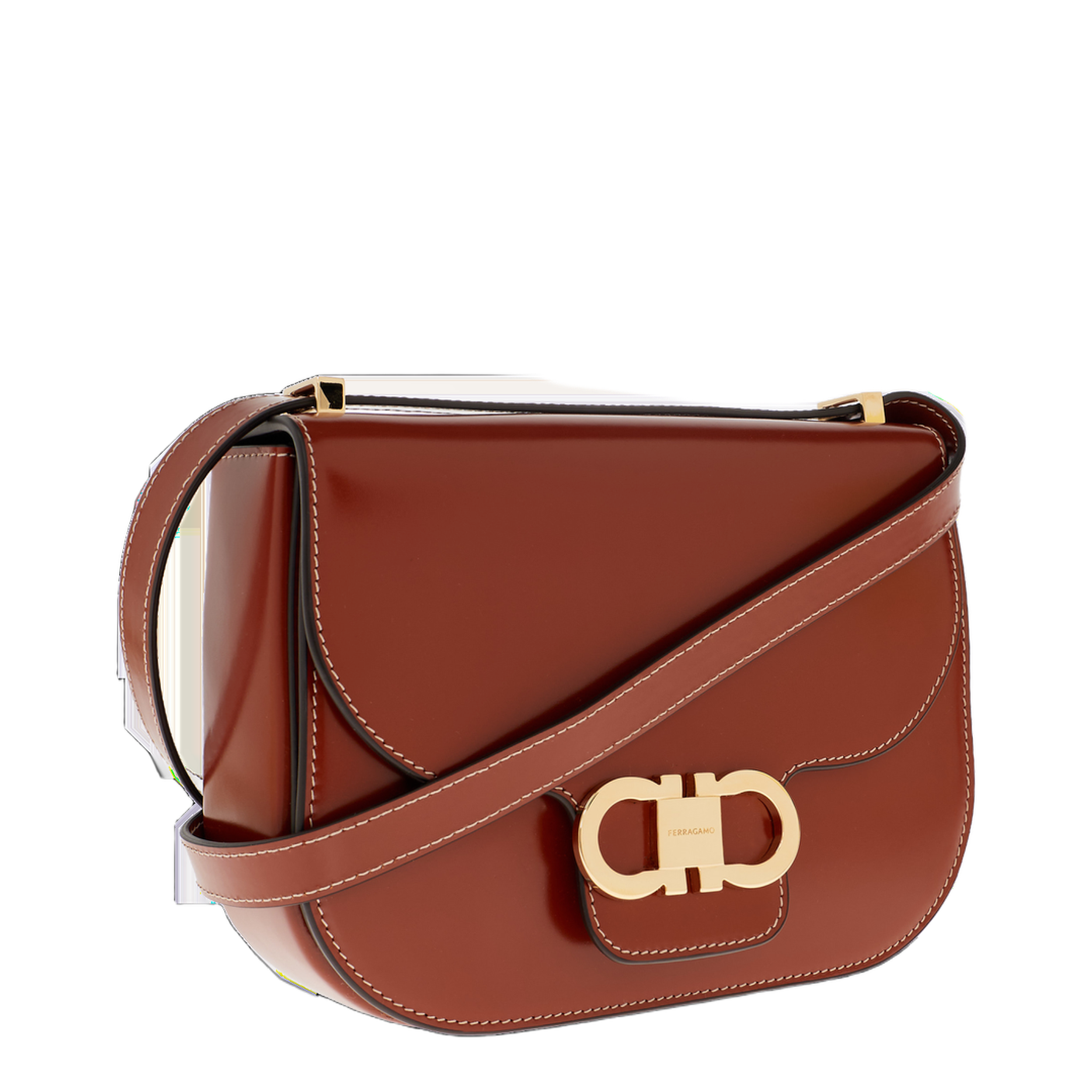 Double Gancini Hammered Calfskin Crossbody - Dark Cognac - Image 4