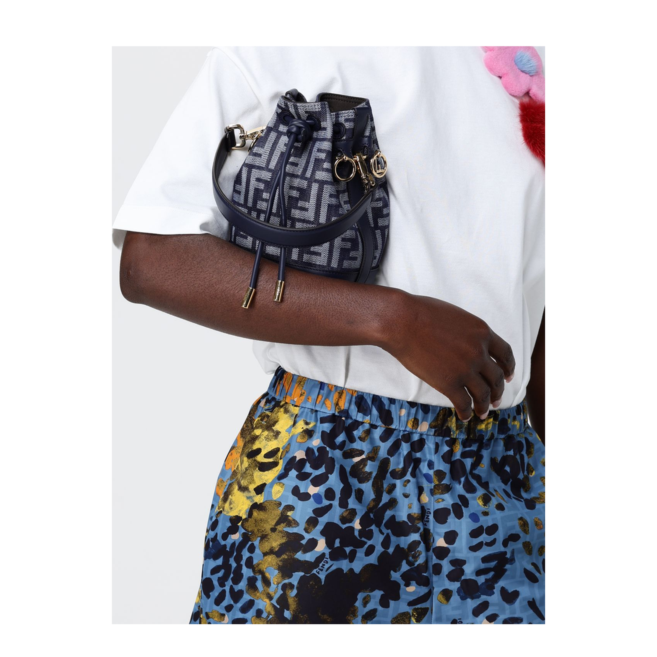 Mon Tresor Mini FF Jacquard Denim-Effect Bucket Bag - Dark Blue - Image 3