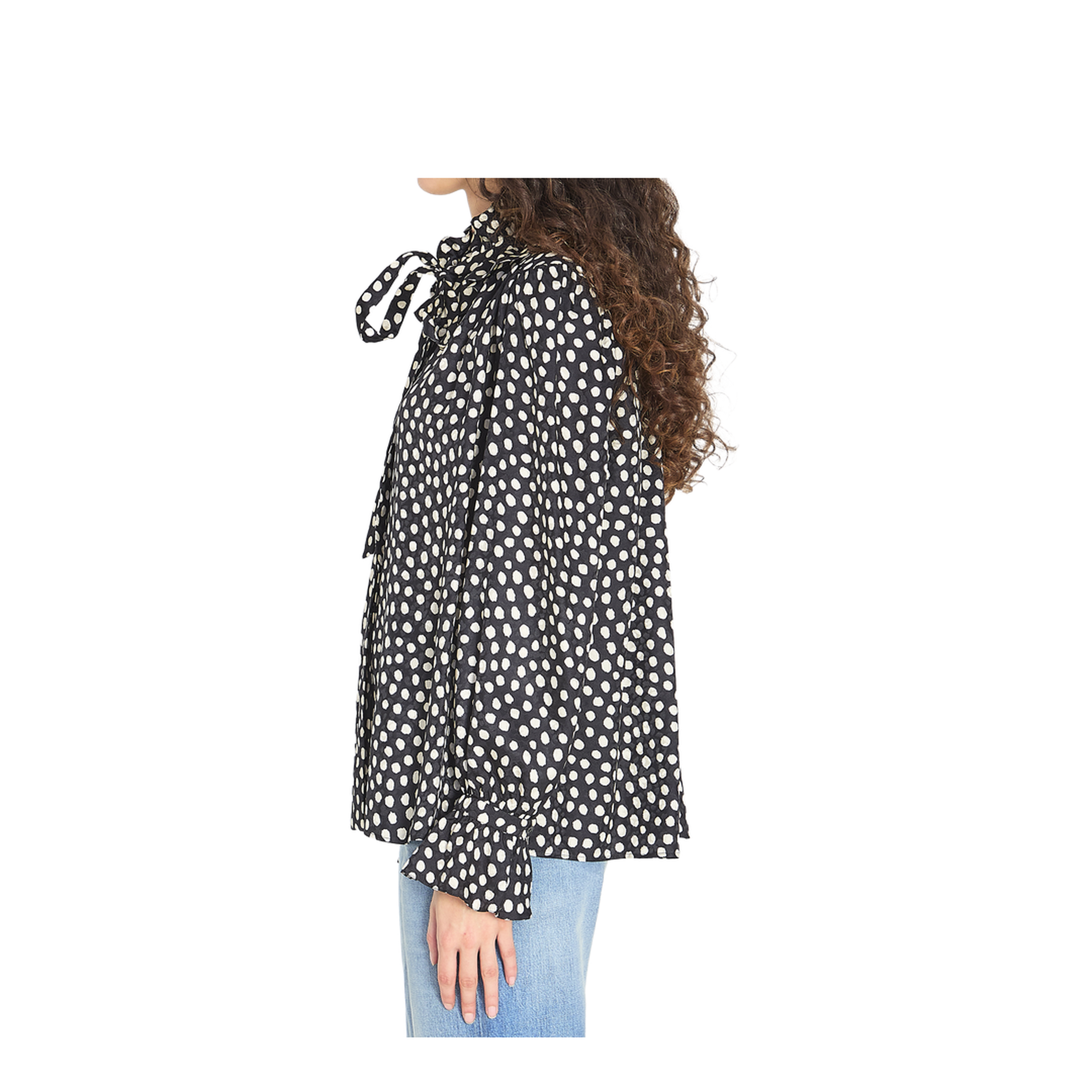 Black Blouse with High Neck and All-Over Polka Dot Motif - Image 3