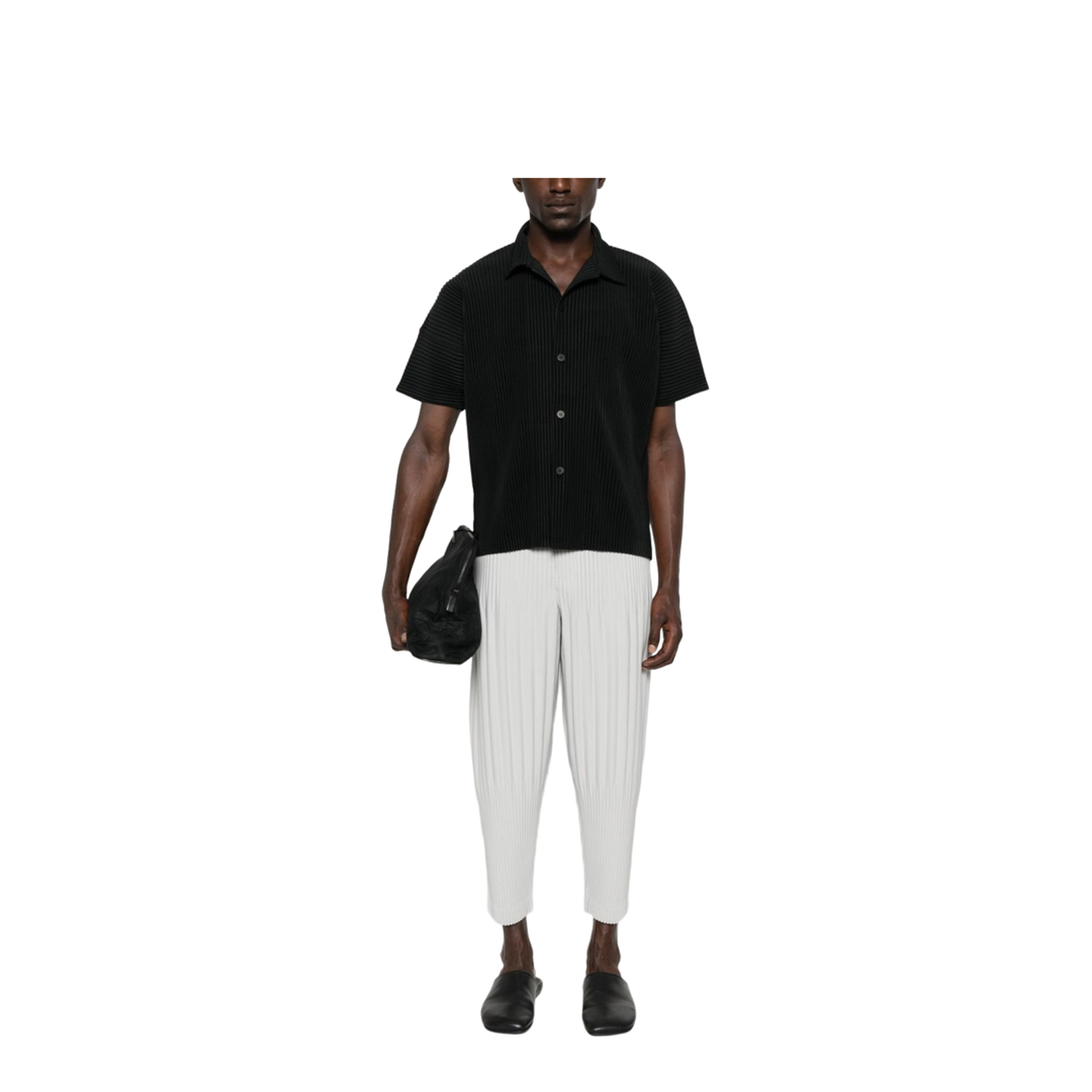 Black Pleated Texture Short Sleeves Button Fastening Straight Hemline - Image 2