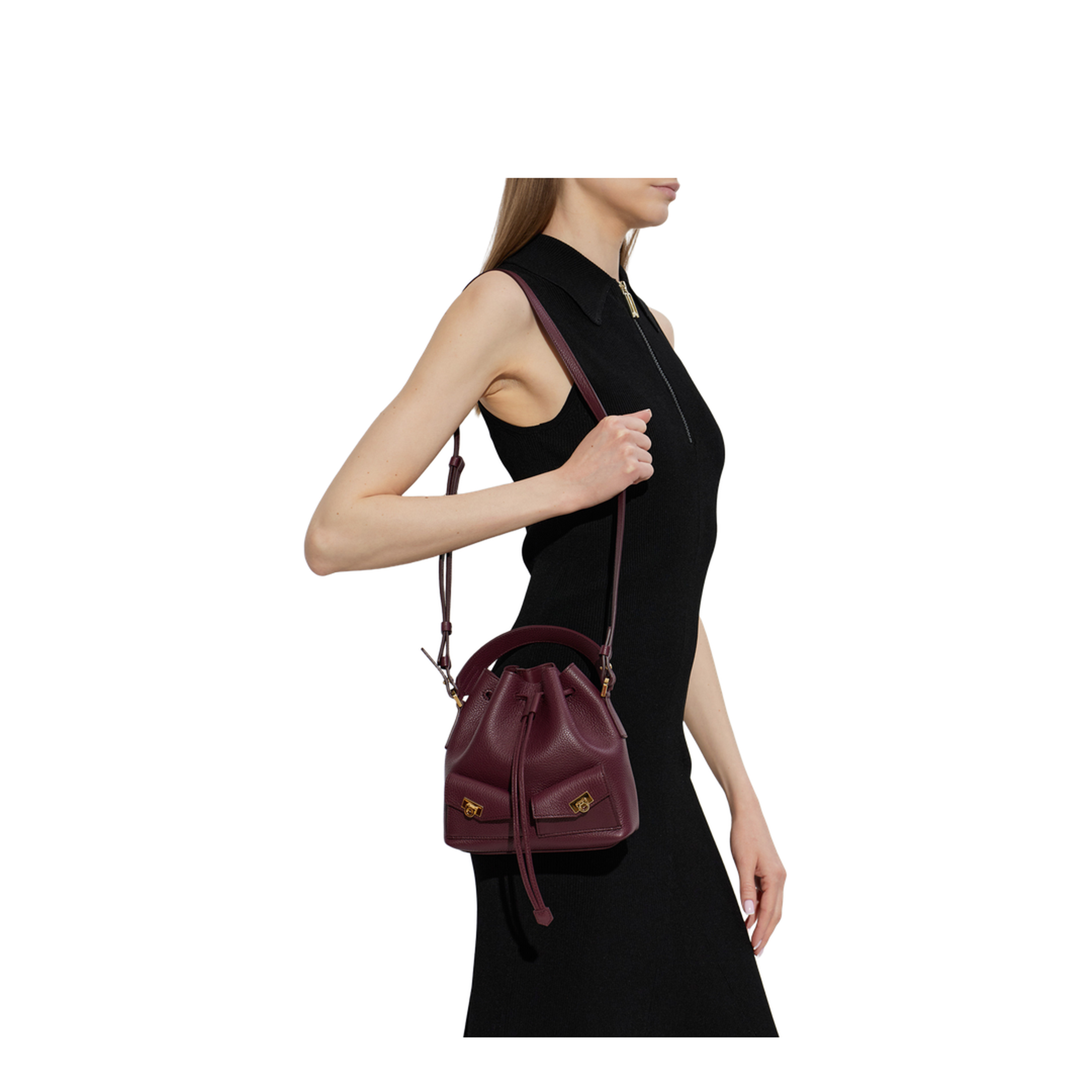Multipocket Calfskin Bucket Bag - Plum - Image 2
