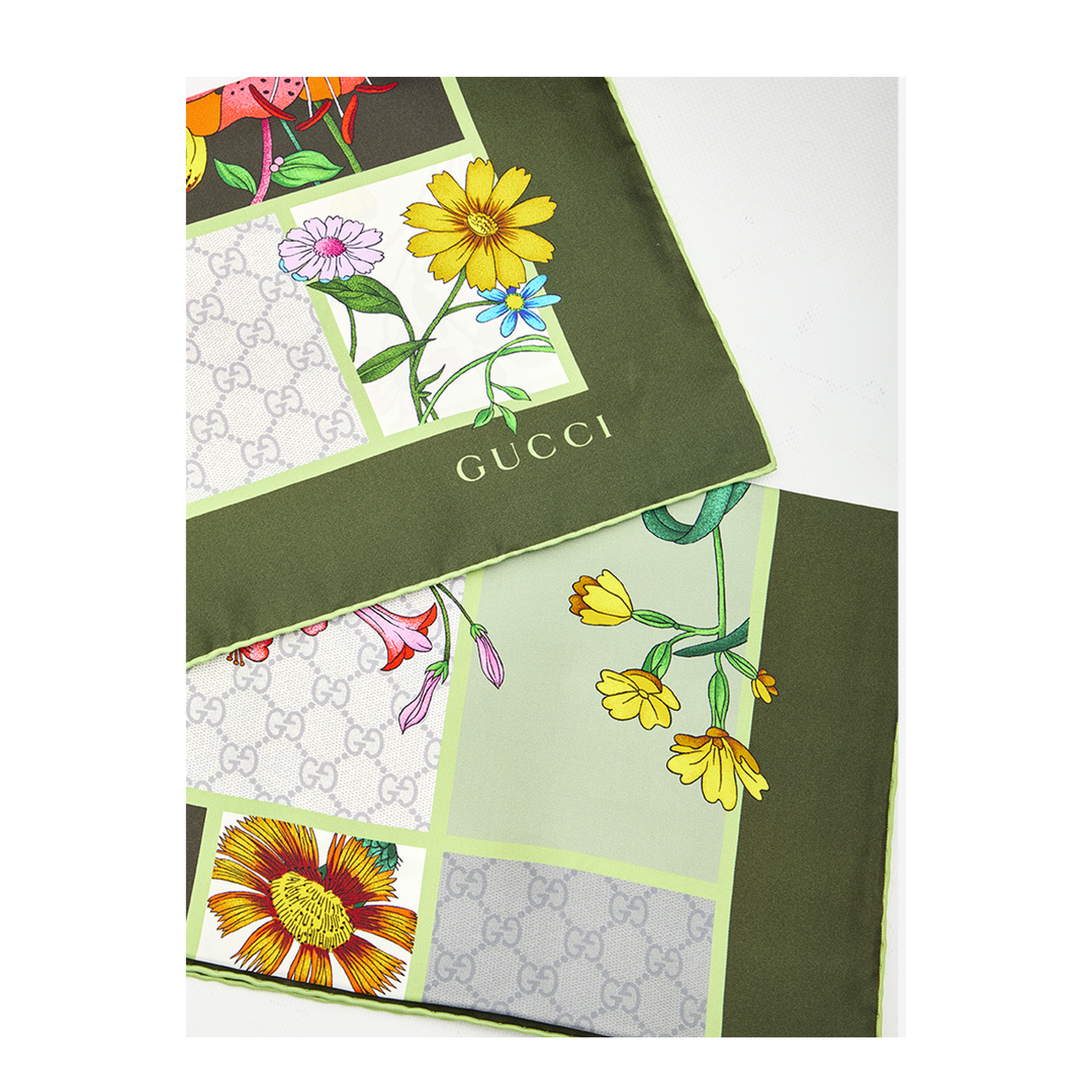 Green Silk Twill Scarf with Flora Print - Image 2