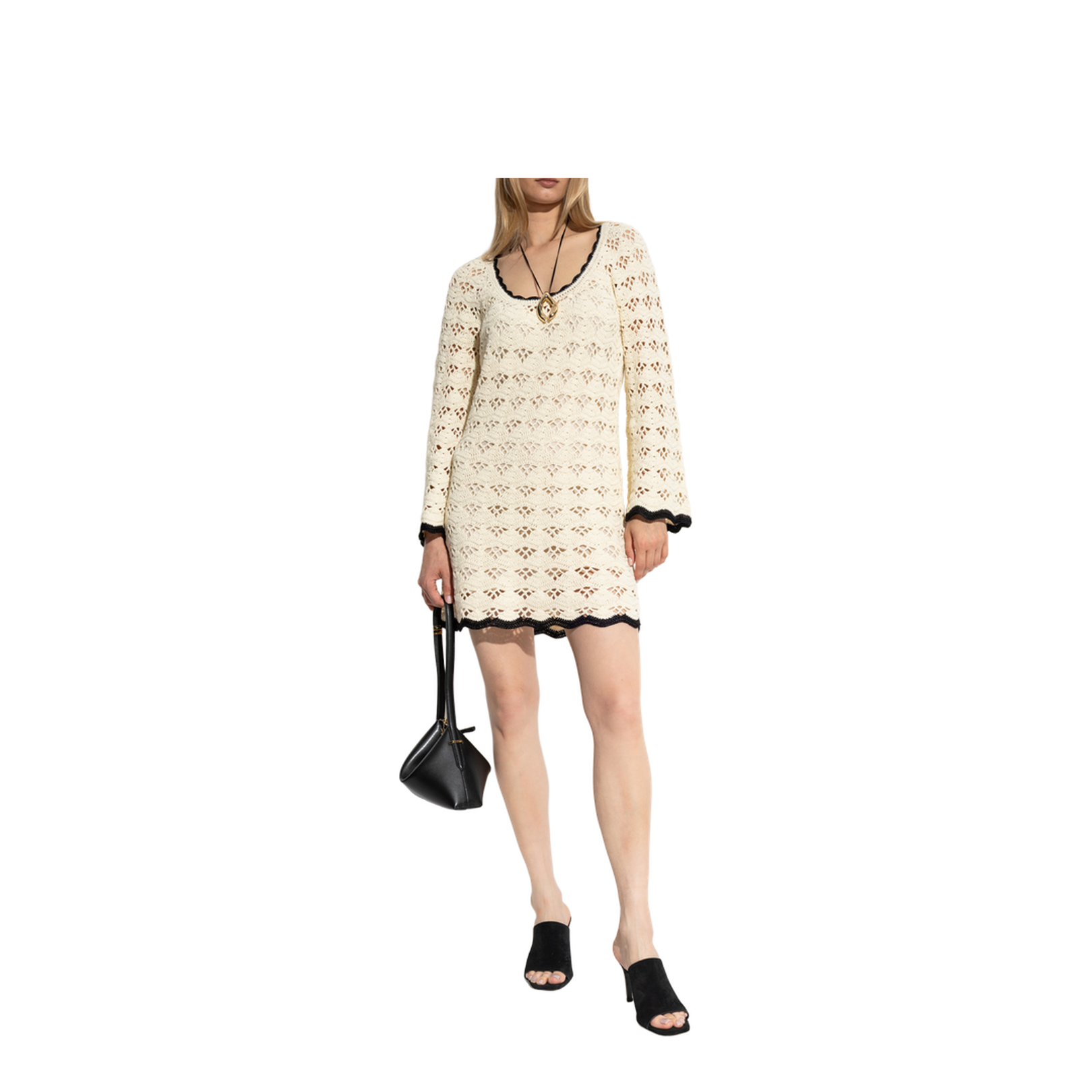 Dress with Round Neckline Cream Openwork Knit - Image 2