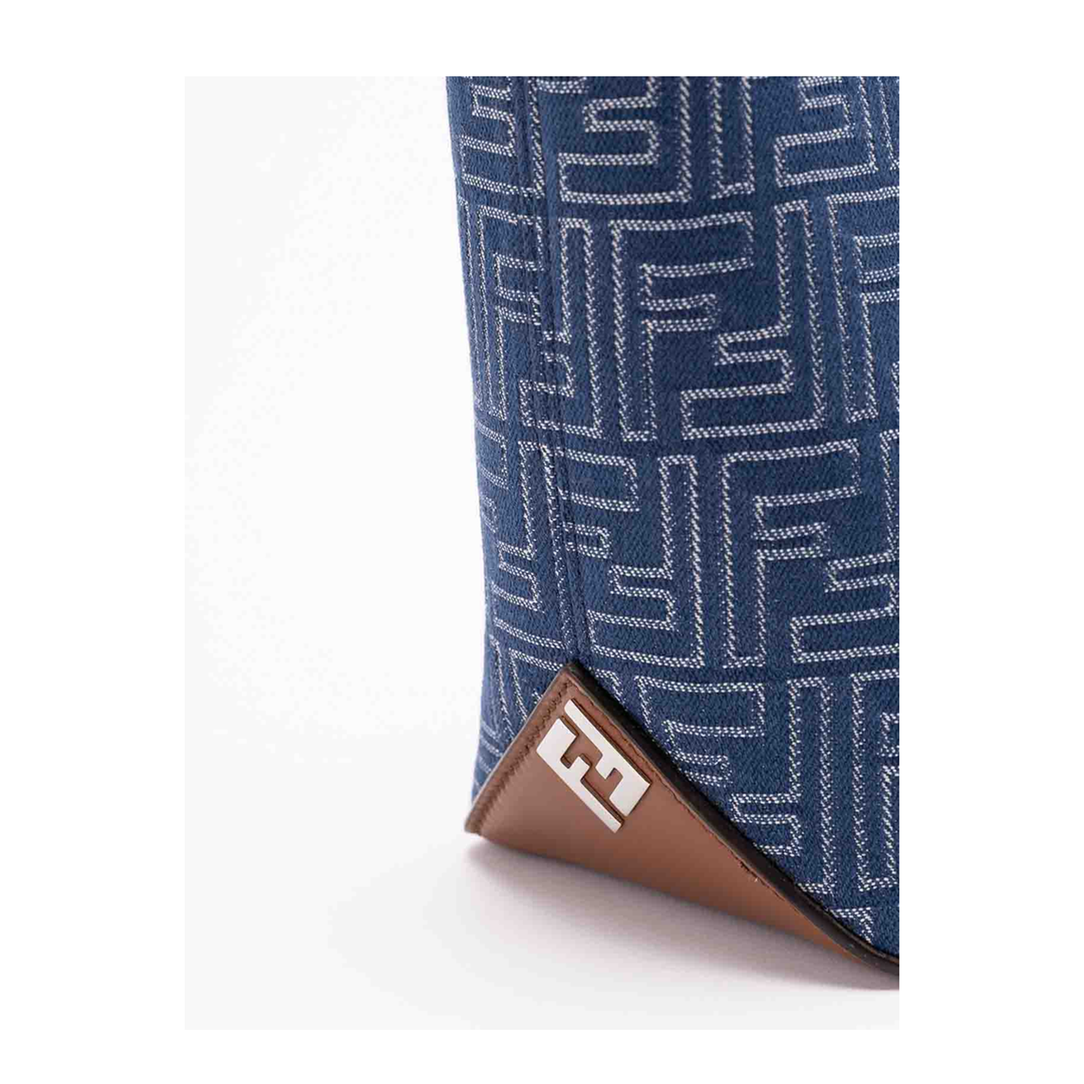 FF Leather Denim Effect FF Jacquard Blue And Brown Small Shopping Bag - Image 4