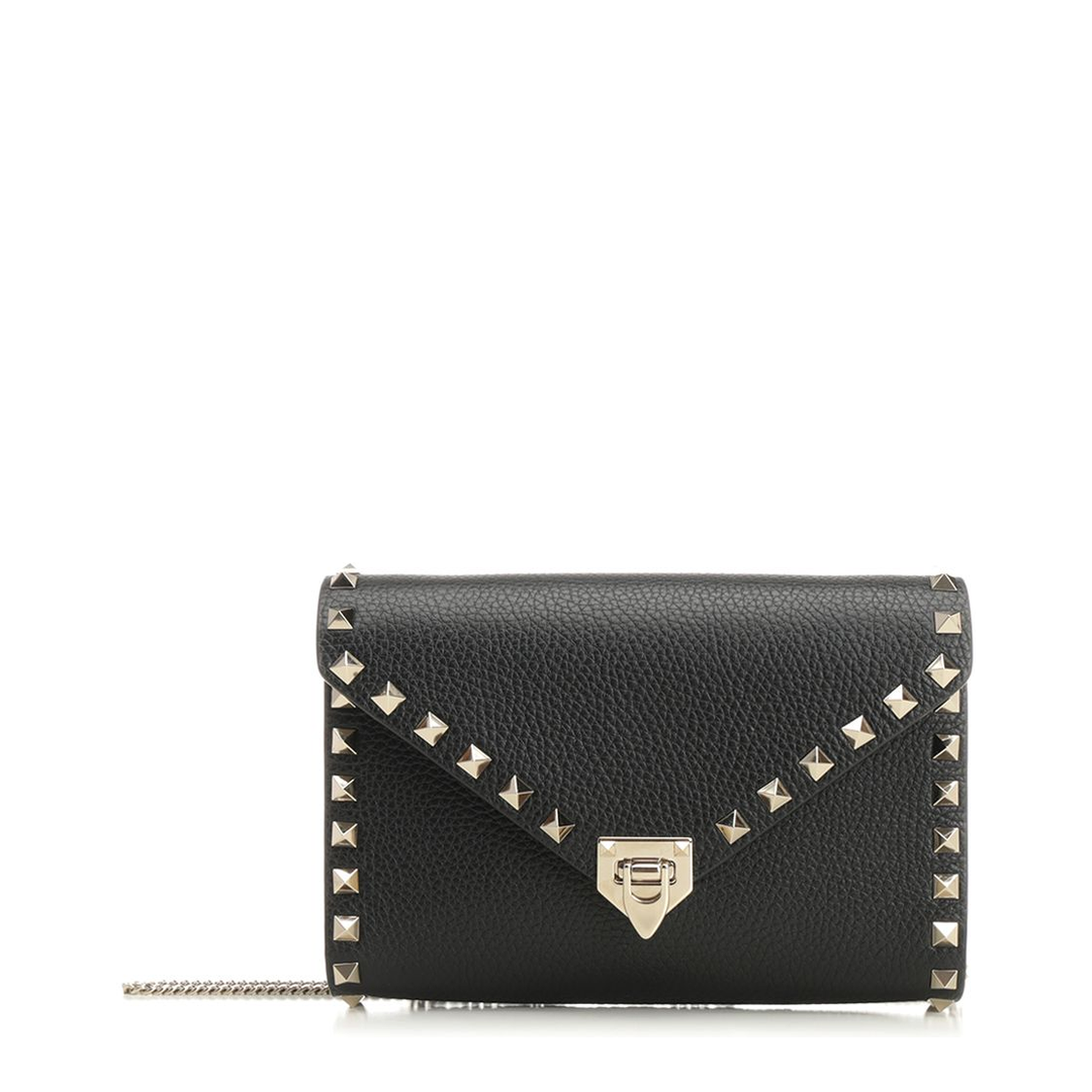 Rockstud Grainy Calfskin Wallet On Chain - Black - Image 1