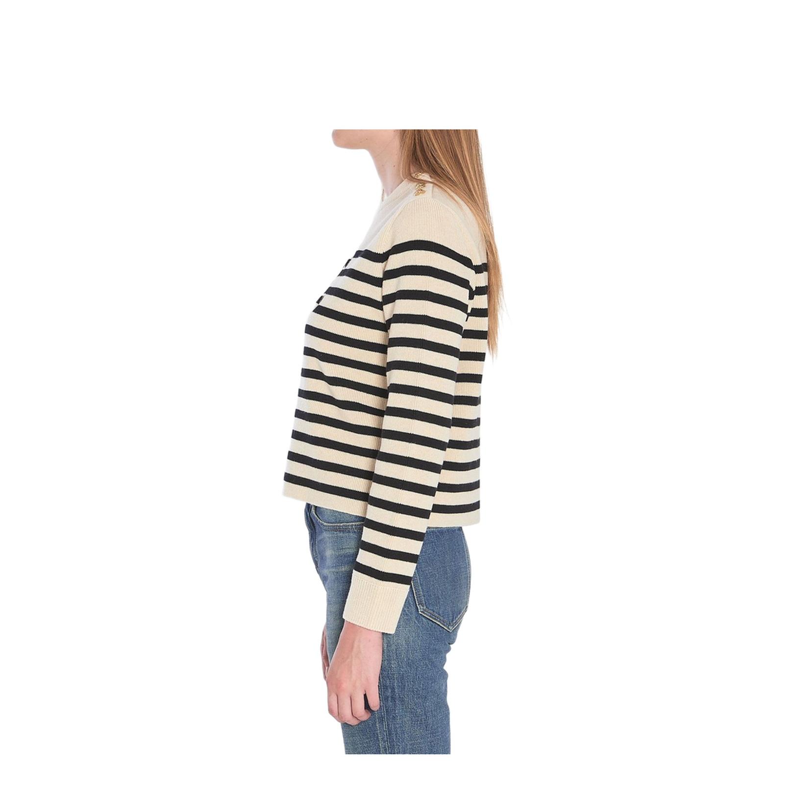 Crew Neck Sweater in Wool Cashmere - Ecru/Black - Image 2