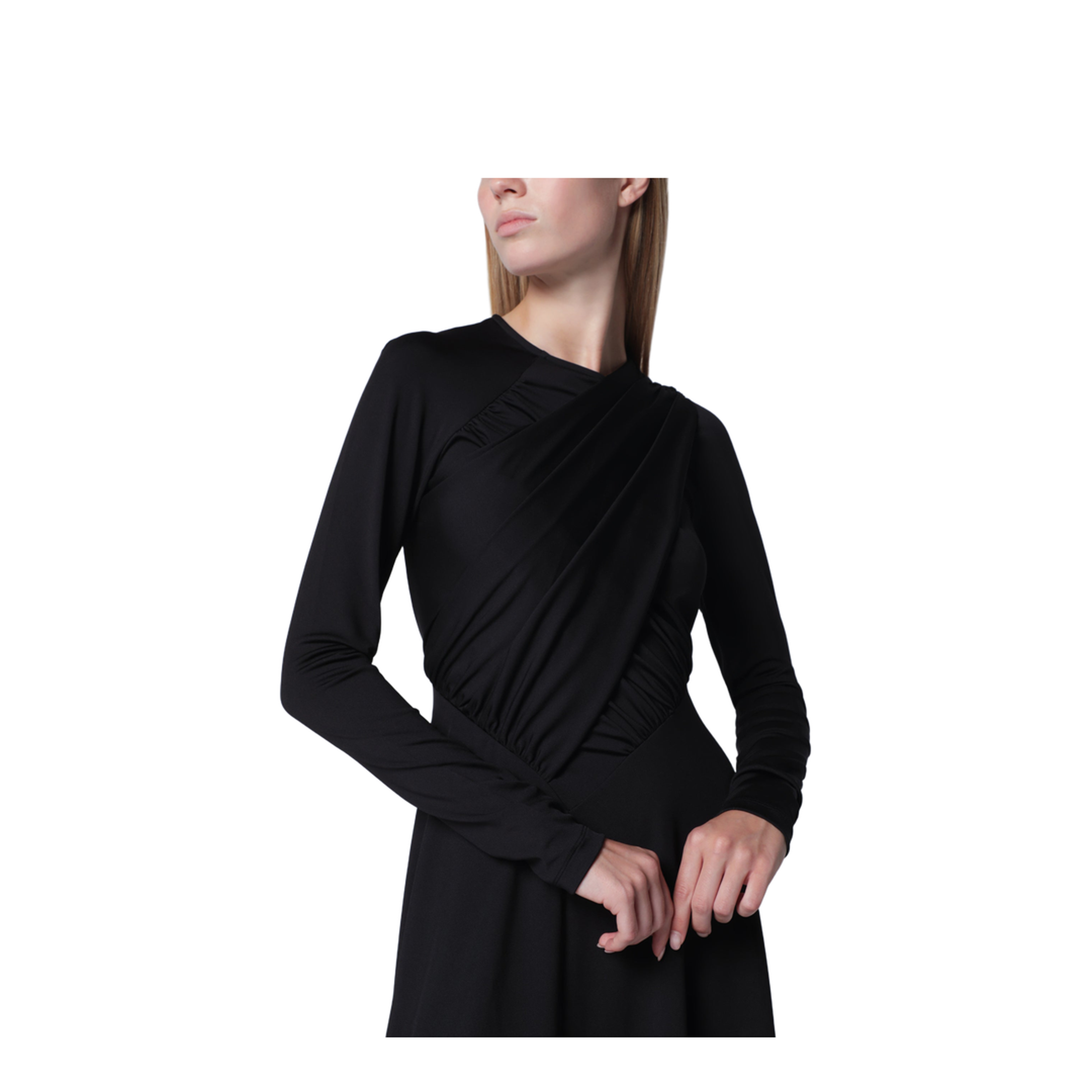Asymmetric Draped Dress in Black Stretch Fabric - Image 2