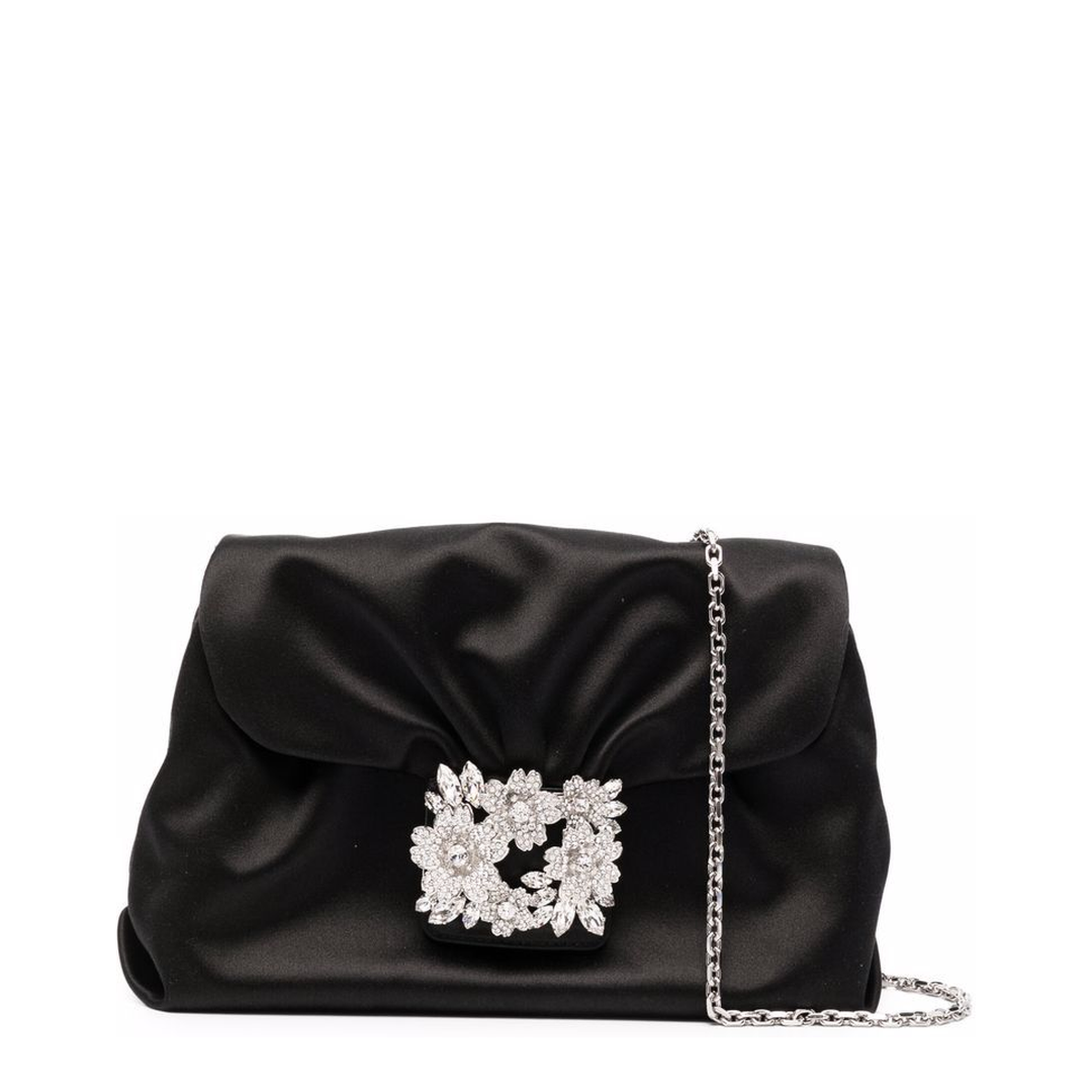 Roger Vivier RV Bouquet Strass Buckle Drapé Mini Satin Clutch Bag - Black - Image 1
