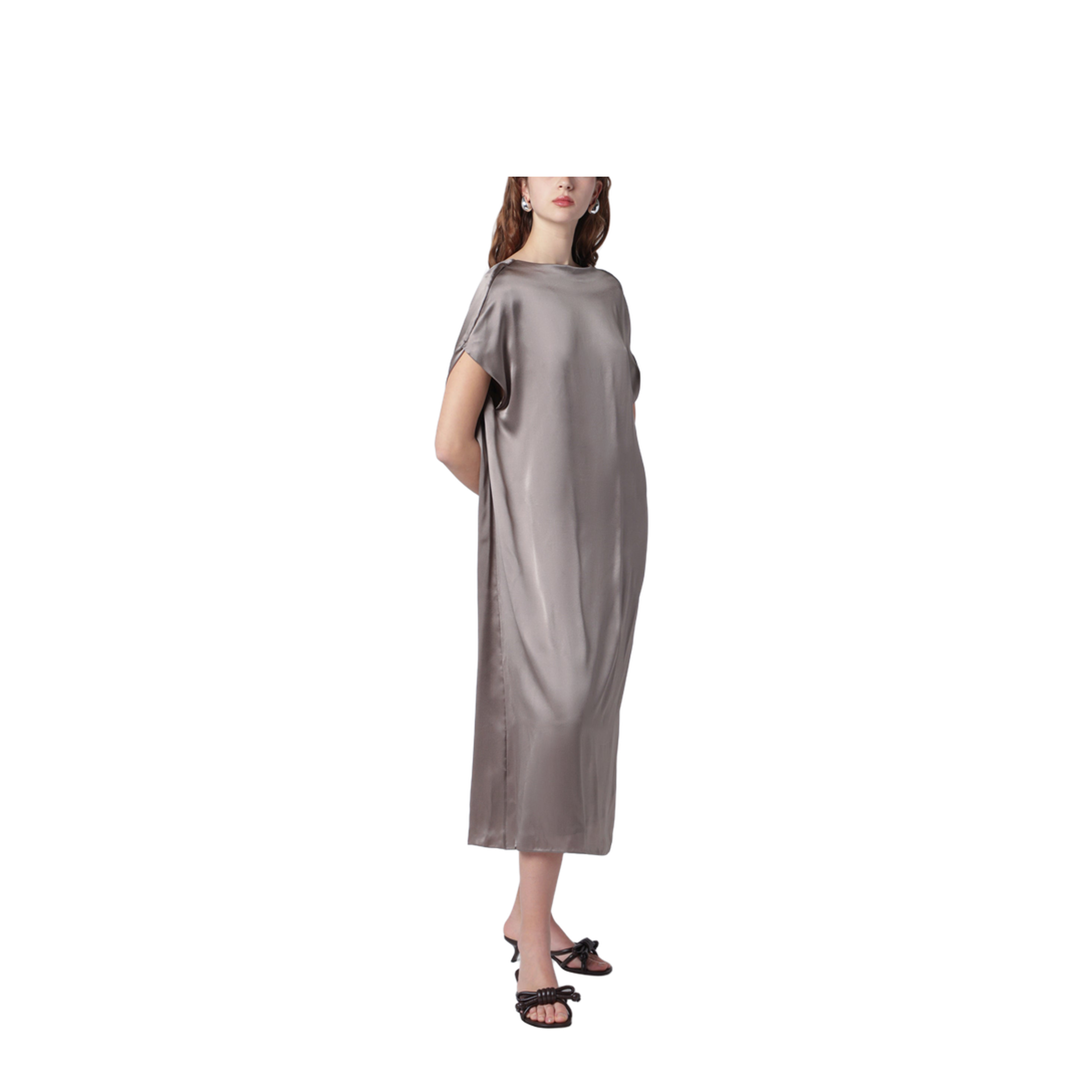 Taupe Silk Satin Midi Dress - Image 1