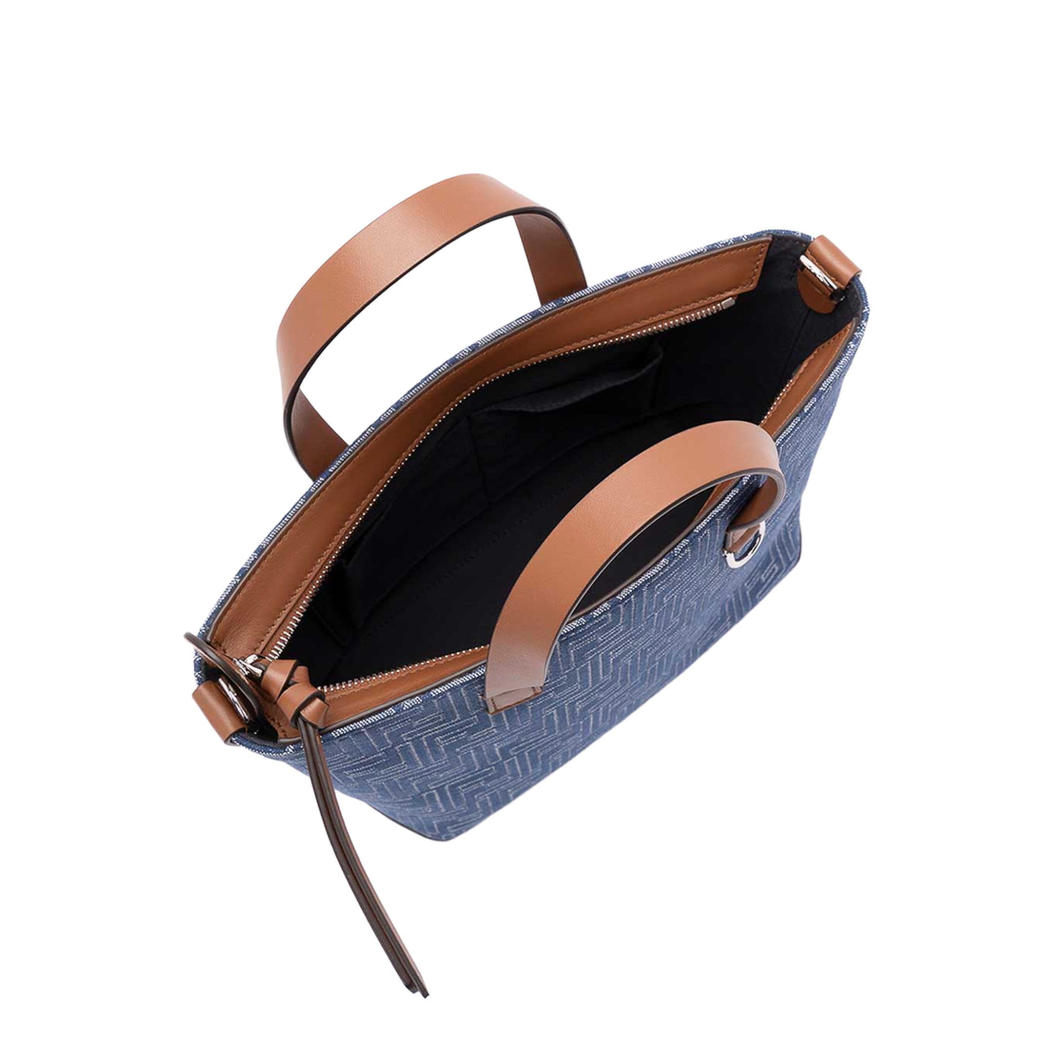 FF Leather Denim Effect FF Jacquard Blue And Brown Small Shopping Bag - Image 5