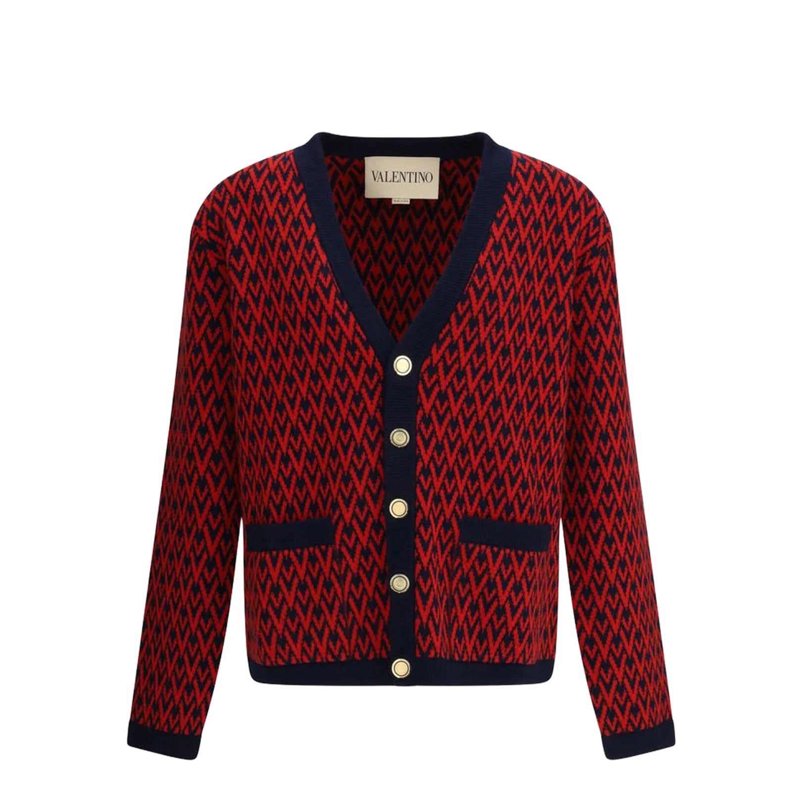 Navy and Red Wool V-Pattern Cardigan - Image 1