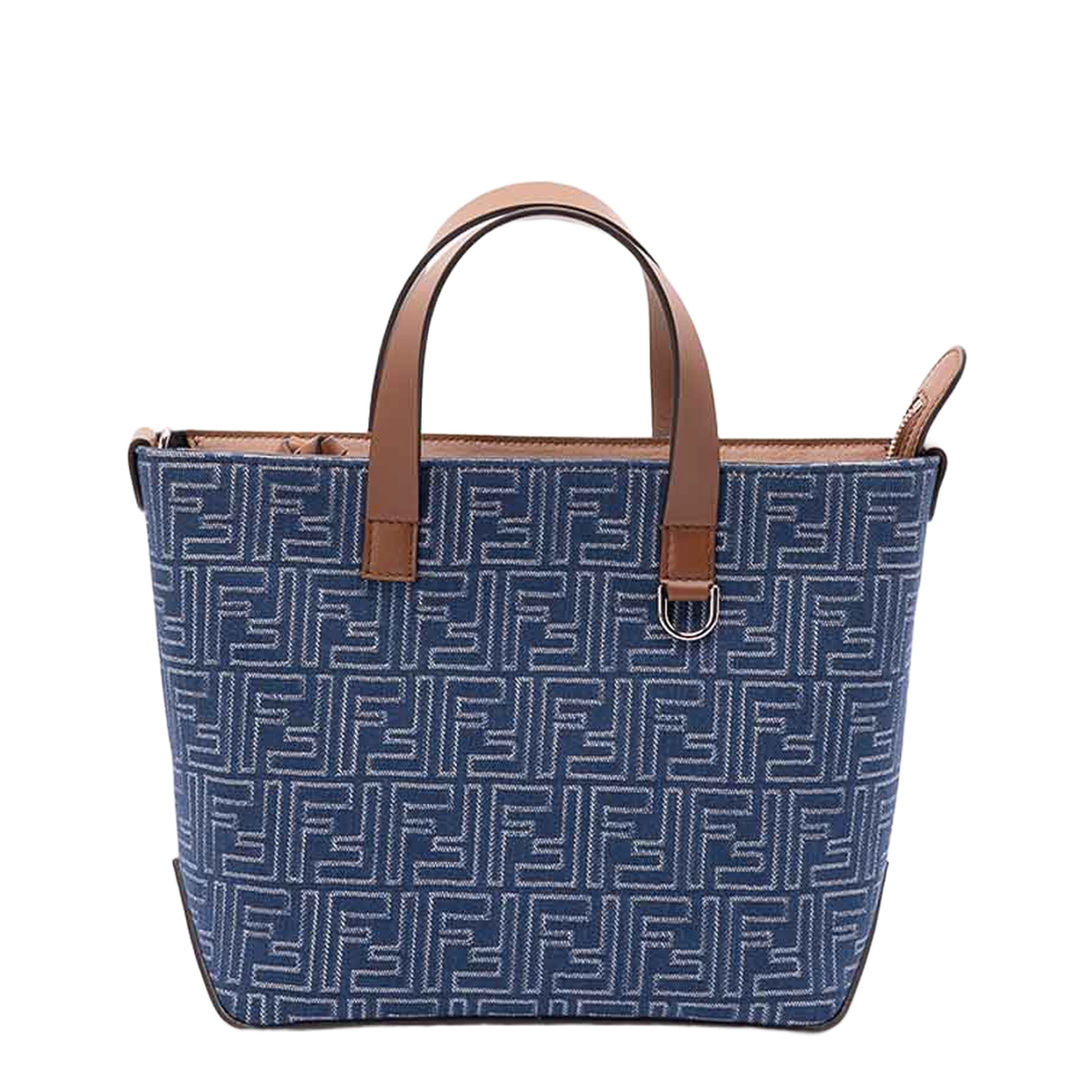 FF Leather Denim Effect FF Jacquard Blue And Brown Small Shopping Bag - Image 2