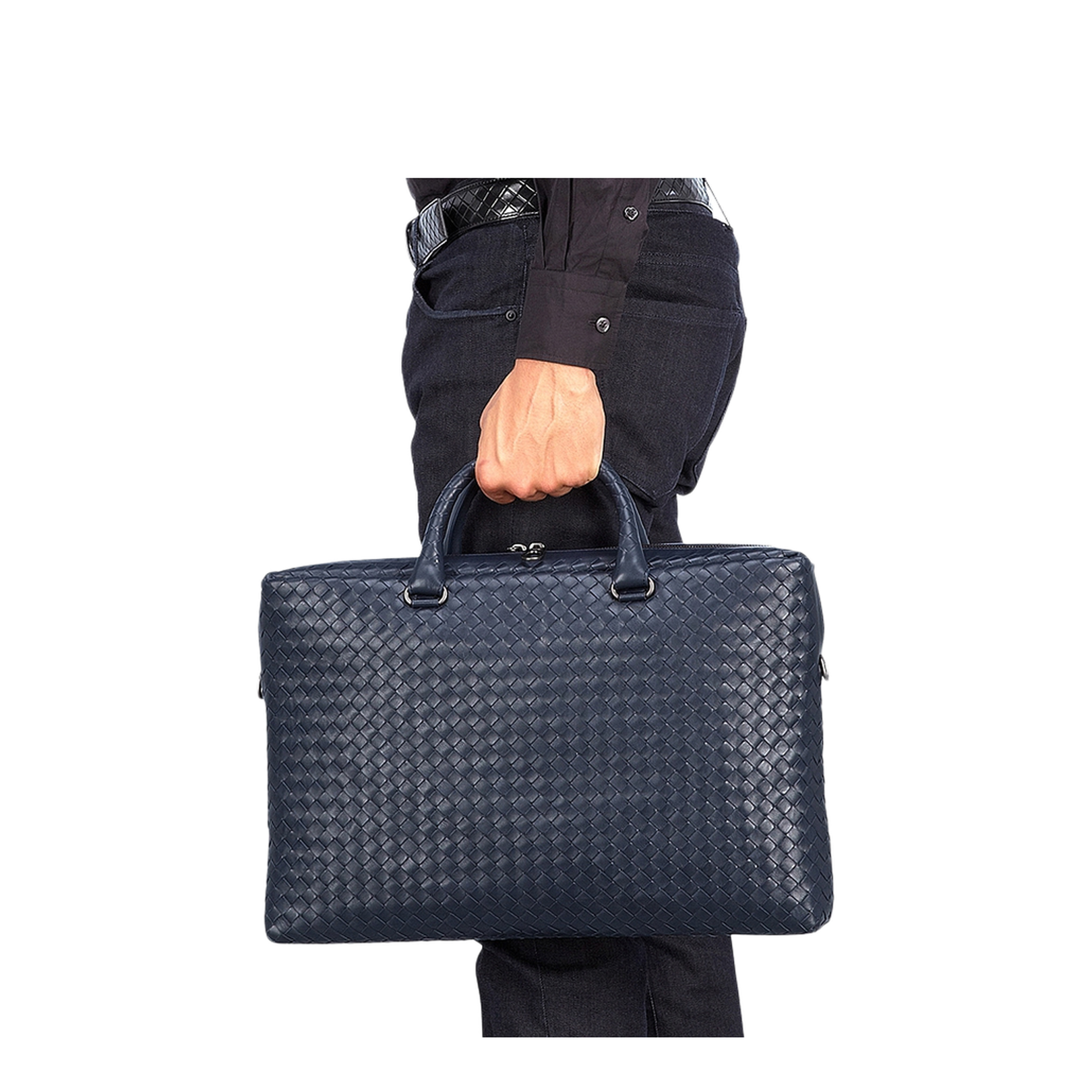 Intrecciato Large Leather Briefcase - Blue - Image 4