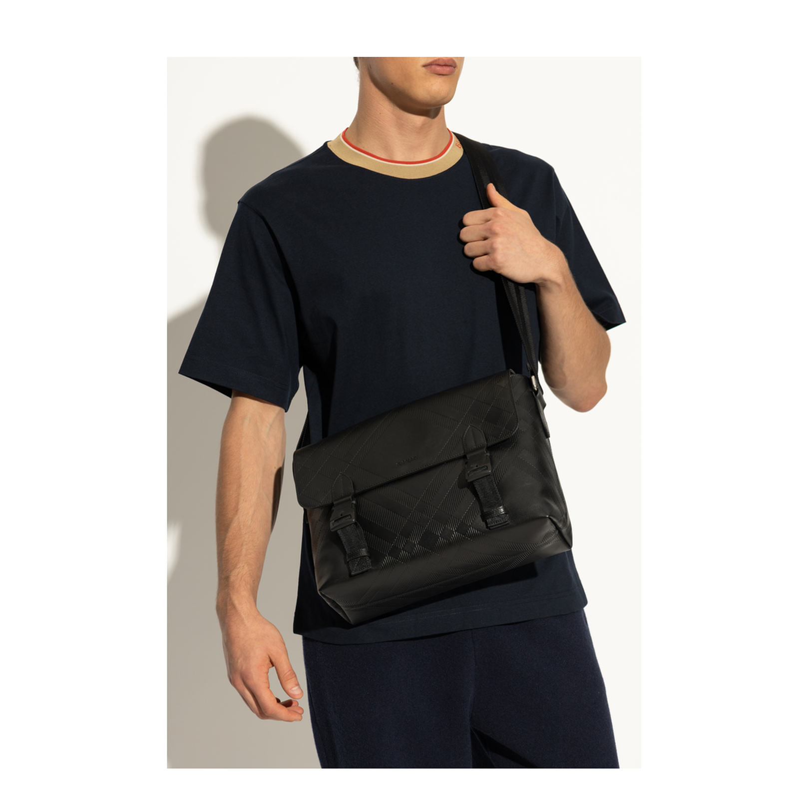 Embossed Check Buckle Messenger Bag - Black - Image 2