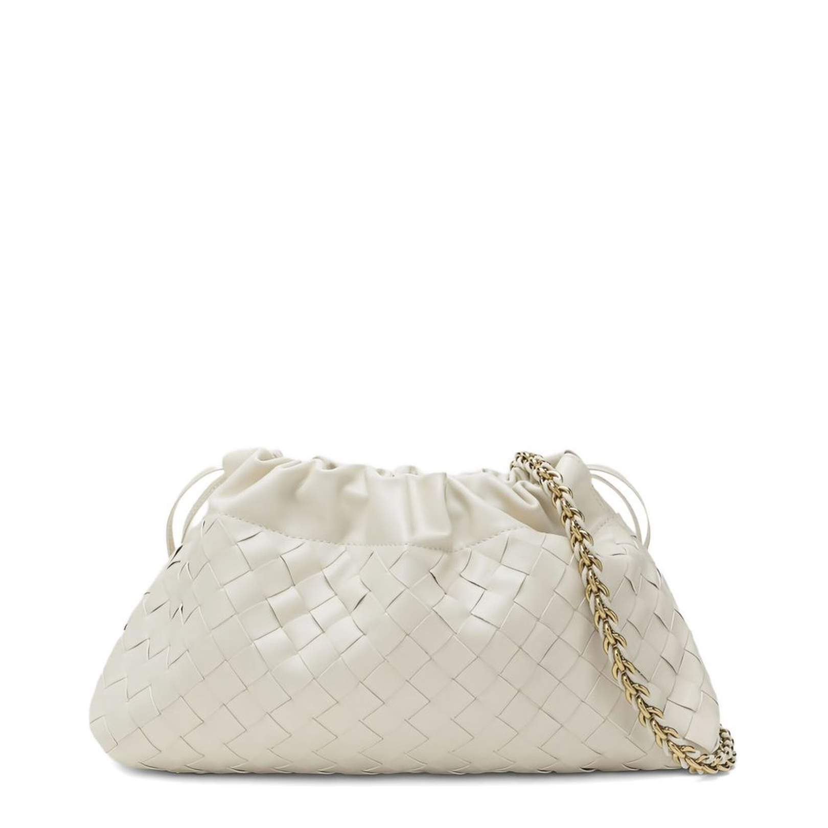 Off-White Leather Woven Design Drawstring Closure Chain-Link Shoulder Strap Gold-Tone Hardware - Image 2