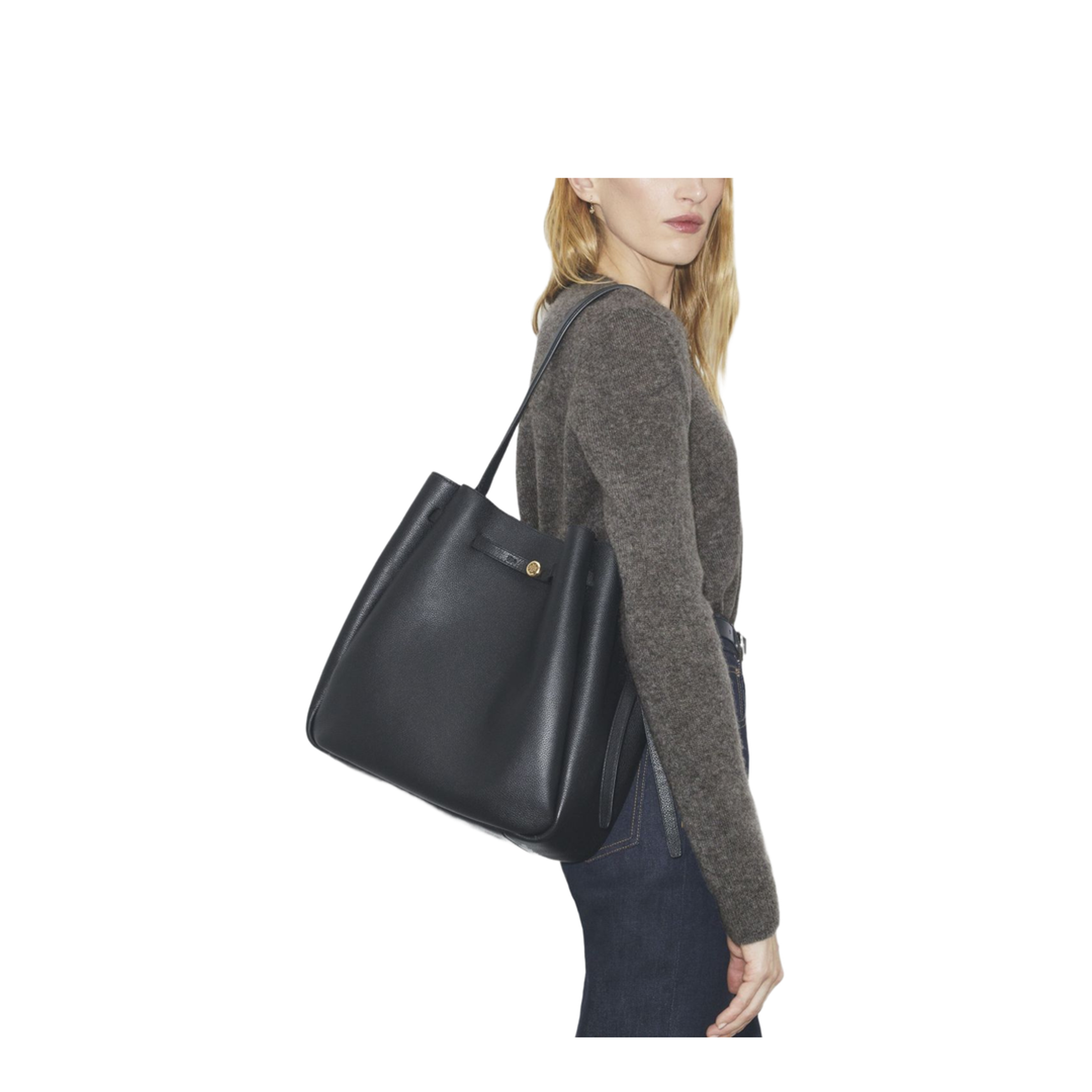 Romy Large Pebbled Leather Bucket Bag - Black - Image 5