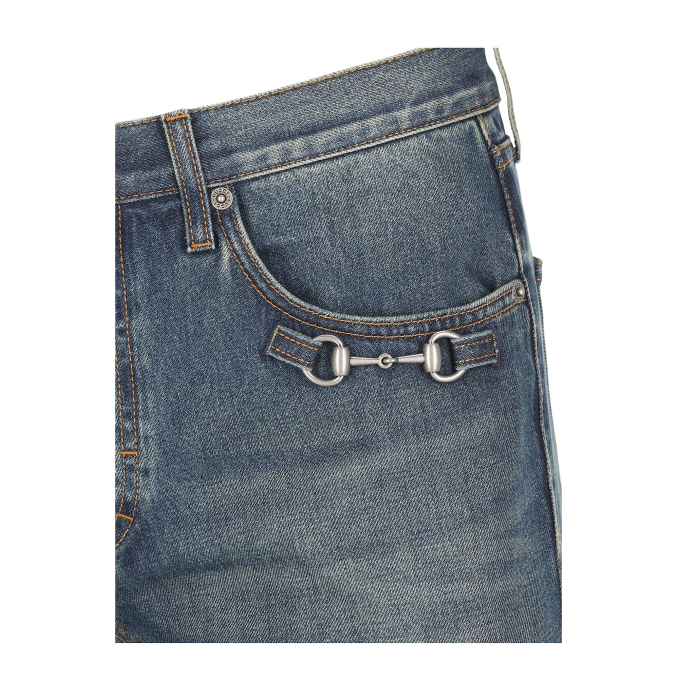 Cotton Denim Pants with Horsebit Detail - Image 2