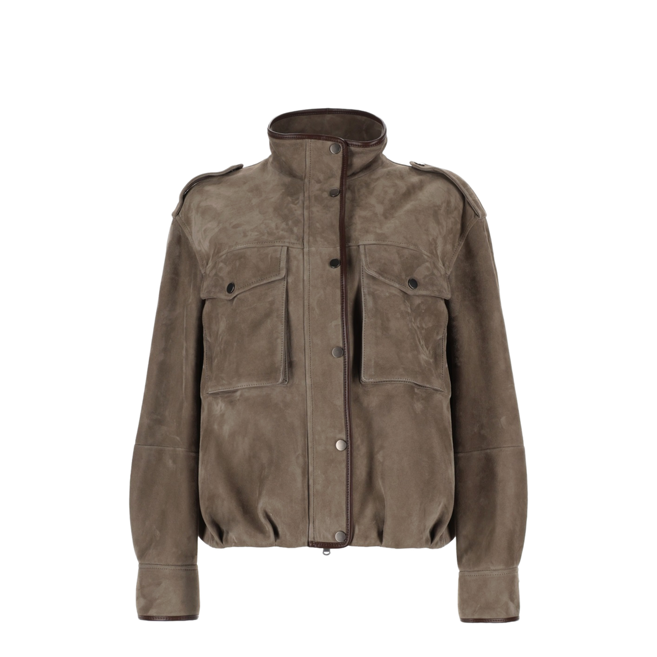 Faded Green Jacket With High Neck And Front Patch Pockets In Suede - Image 1