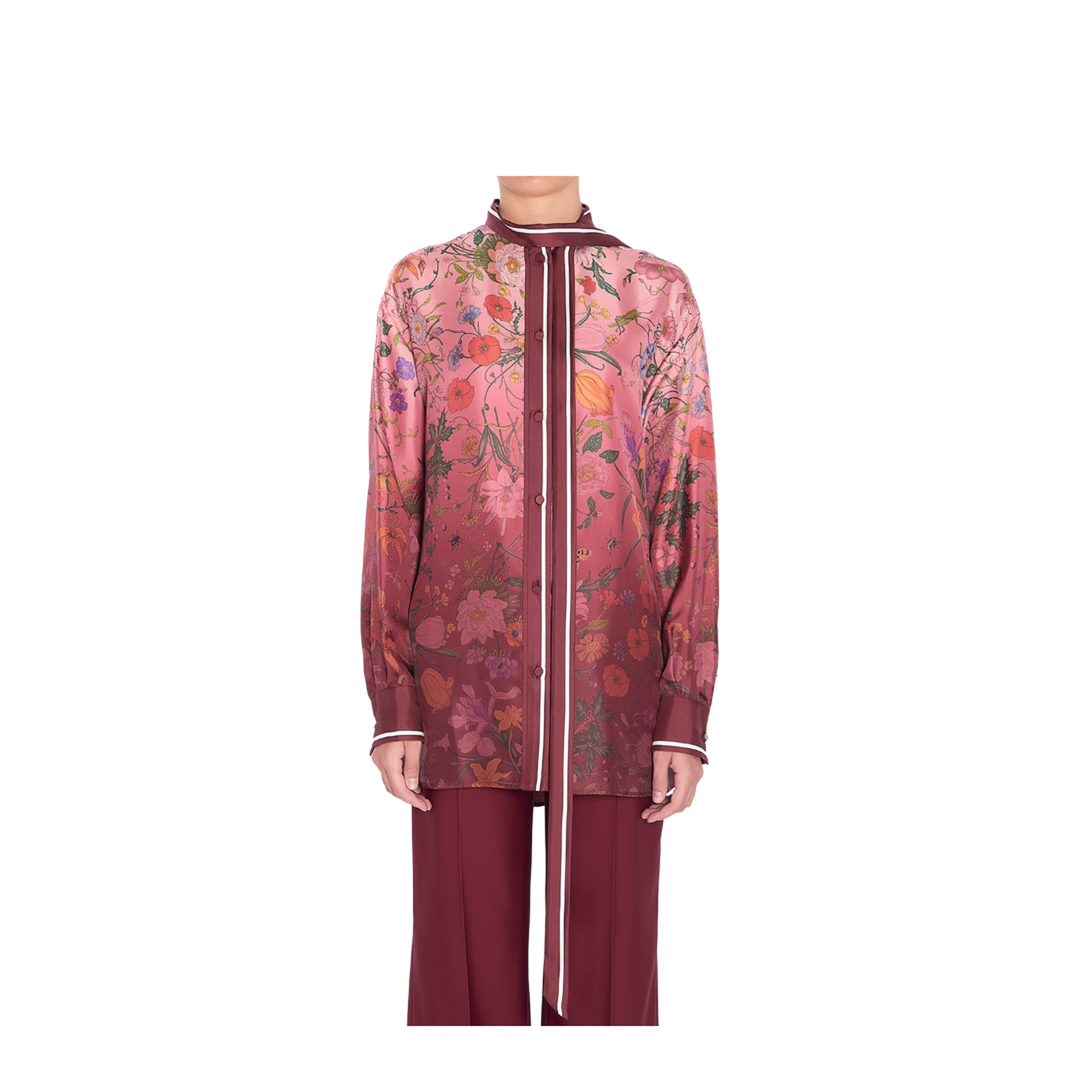 Printed Silk Shirt with Neck Bow in Pink and Rosso Ancora Red - Image 1