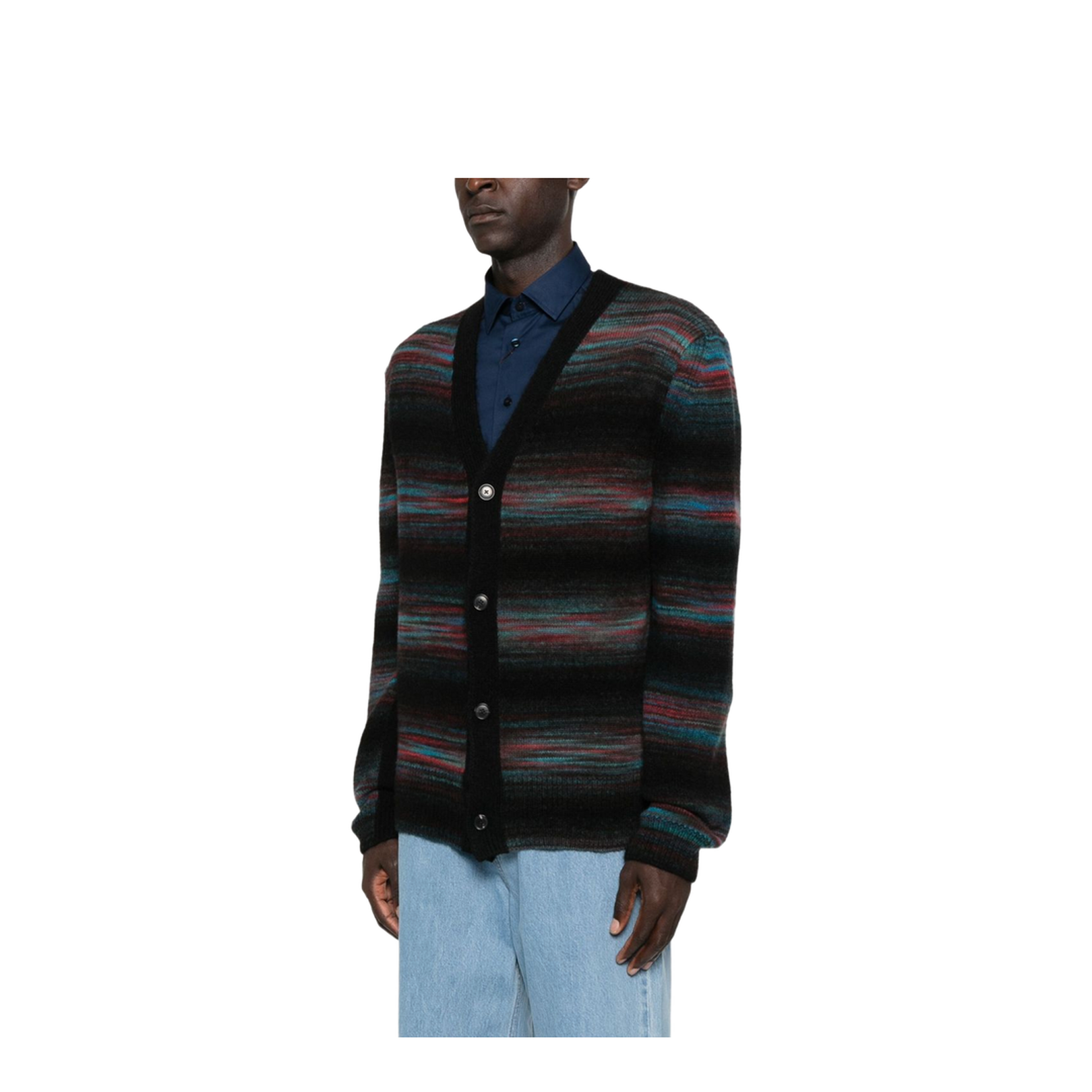 Black V-neck Sweater with Horizontal Stripes - Image 5