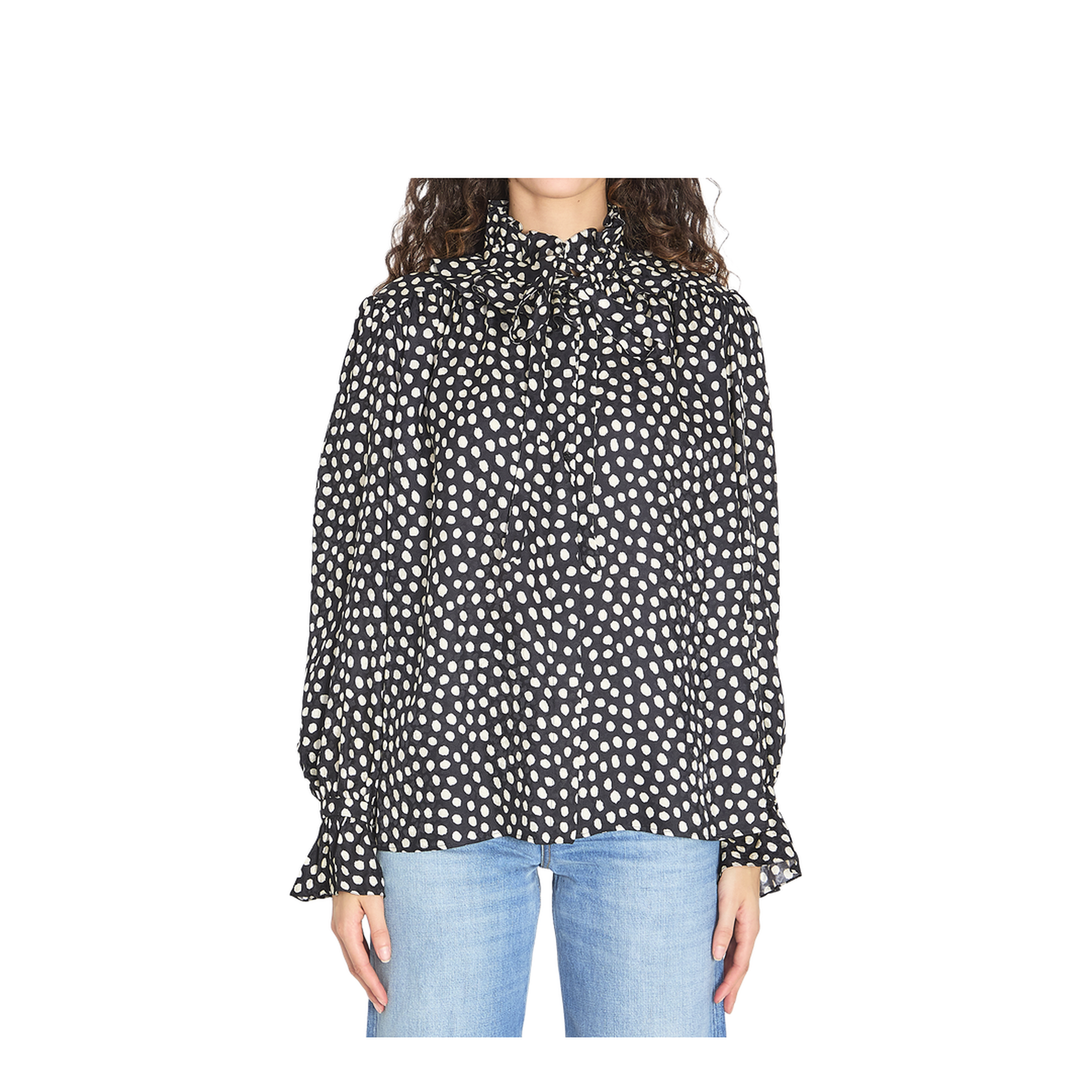 Black Blouse with High Neck and All-Over Polka Dot Motif - Image 1