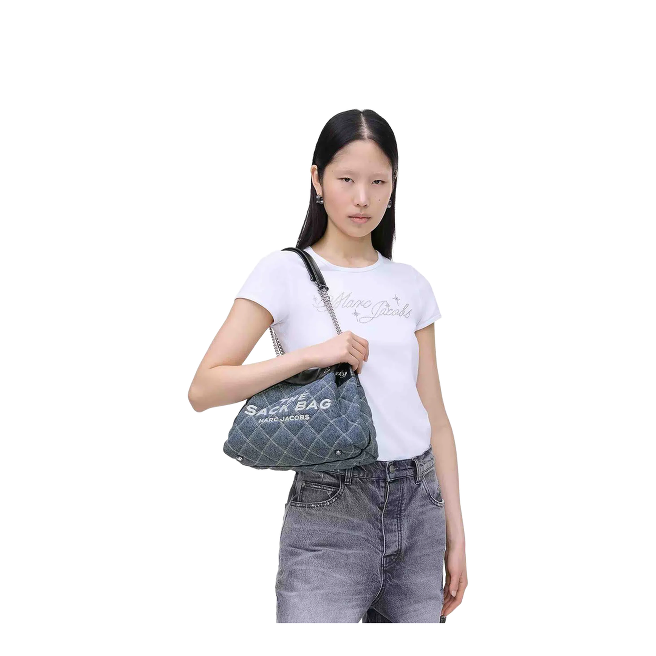 Quilted Denim Large Chain Sack Tote - Image 2