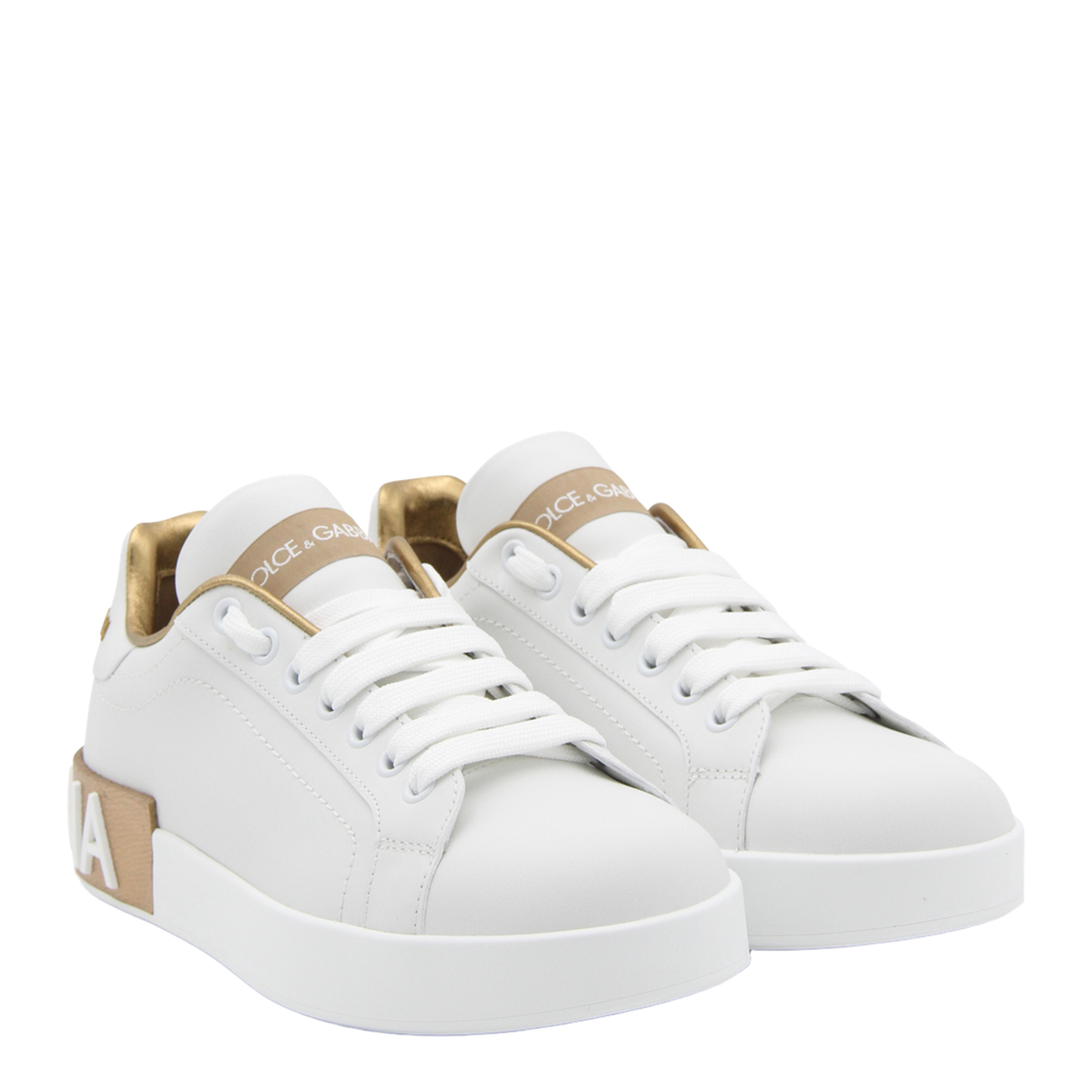 White Calfskin Low-Top Sneakers with Gold Details - Image 4