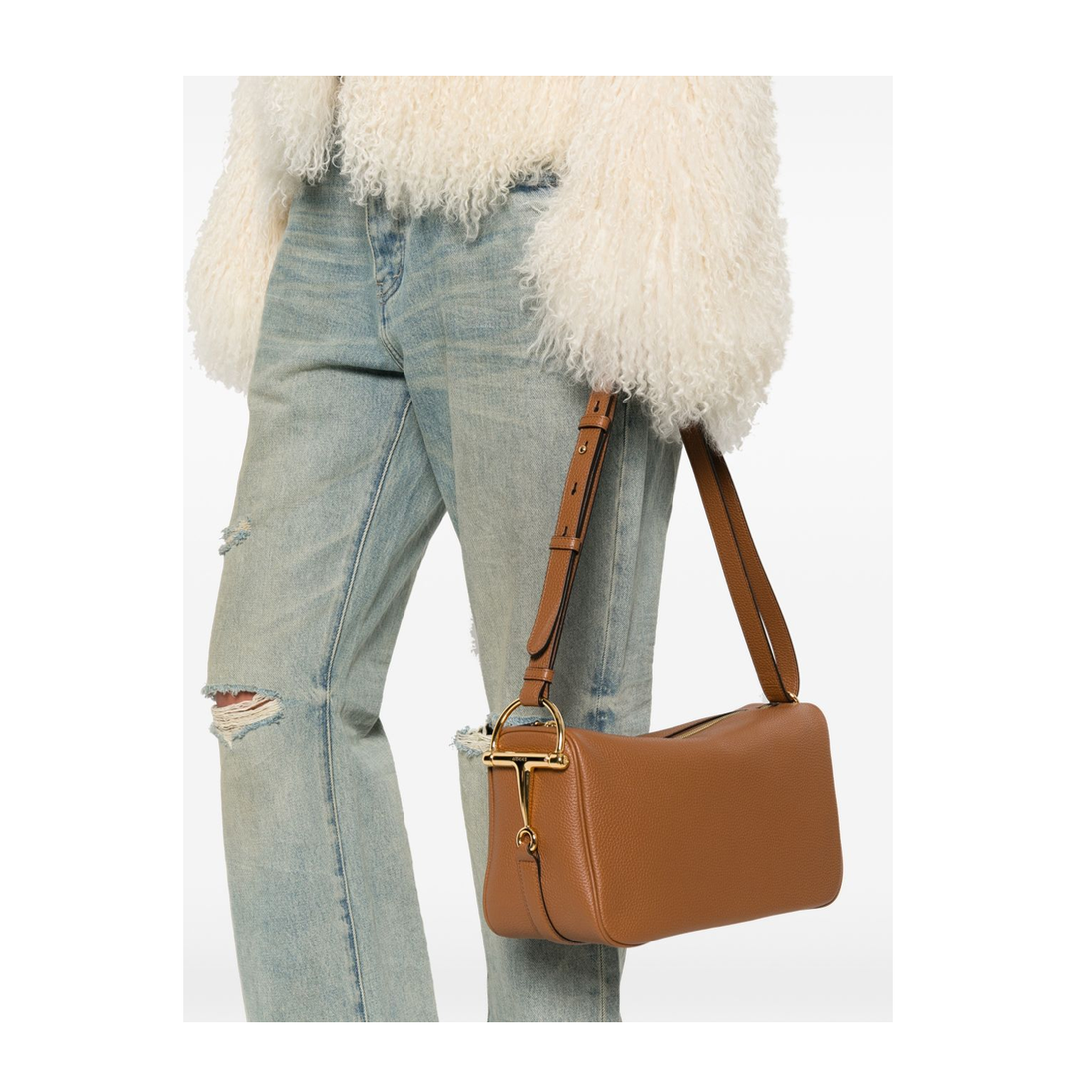 Half Horsebit Medium Grainy Leather Shoulder Bag - Brown Leather - Image 5