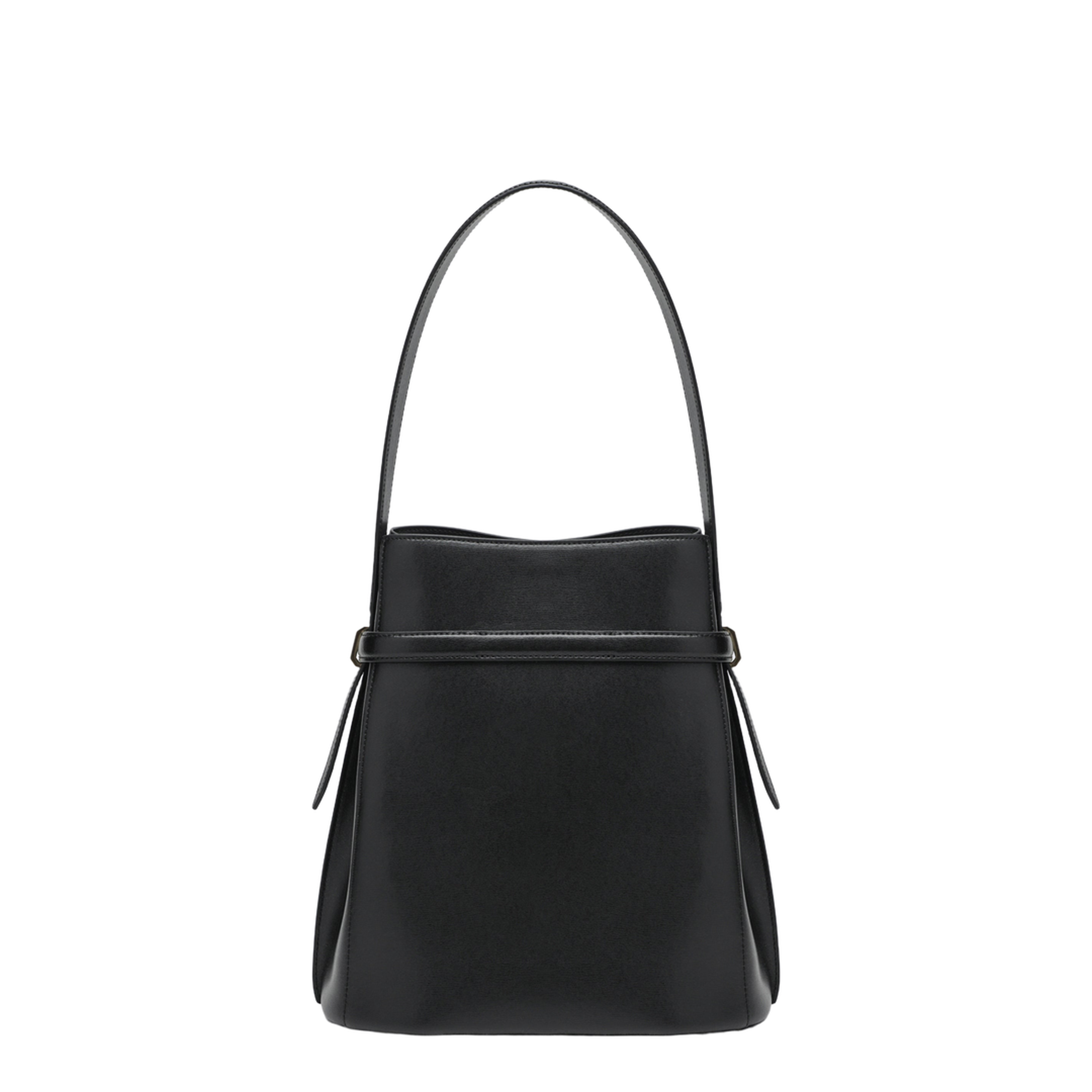 Black Leather Bucket Bag with Strap - Image 2
