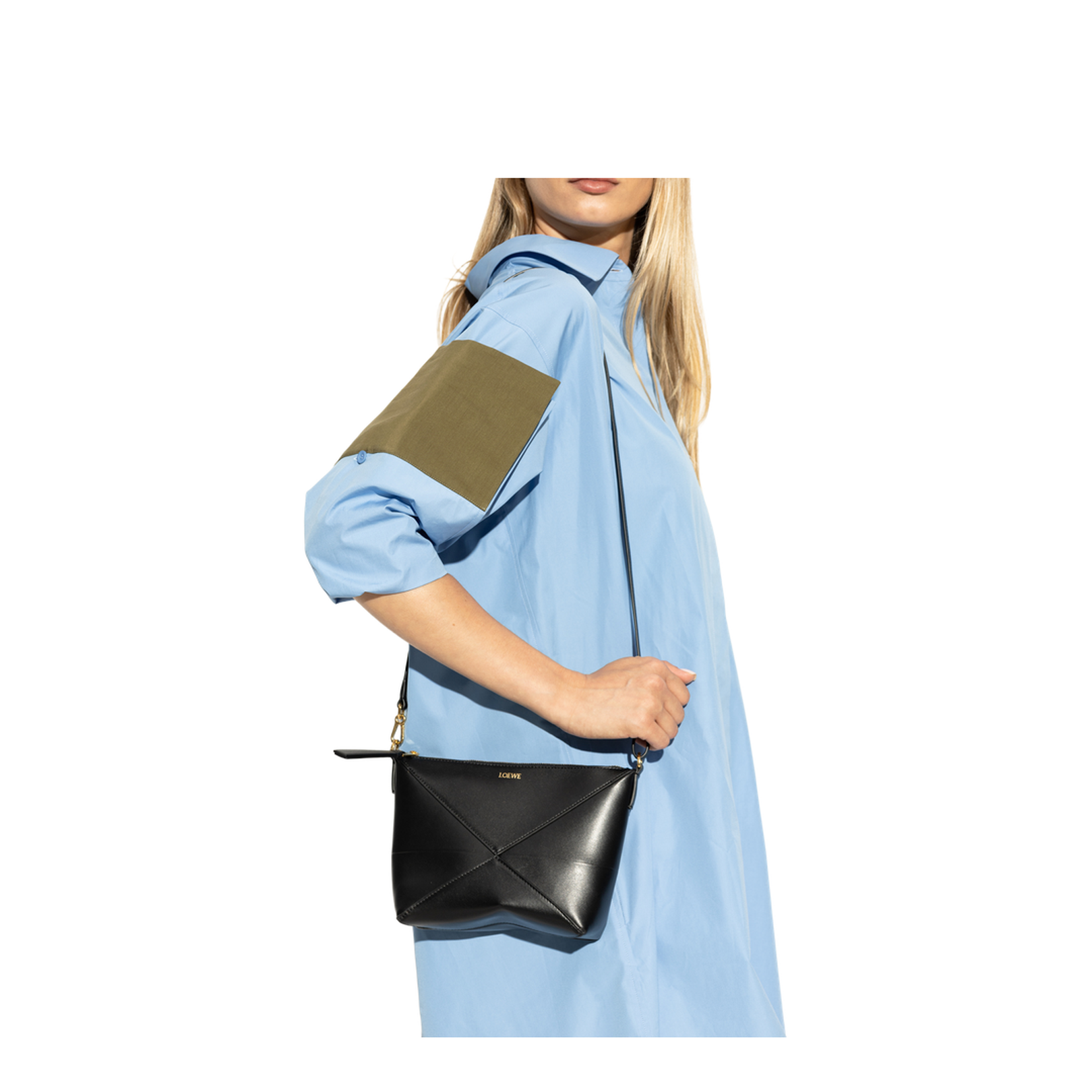 Puzzle Fold Leather Shoulder Bags - Black - Image 2