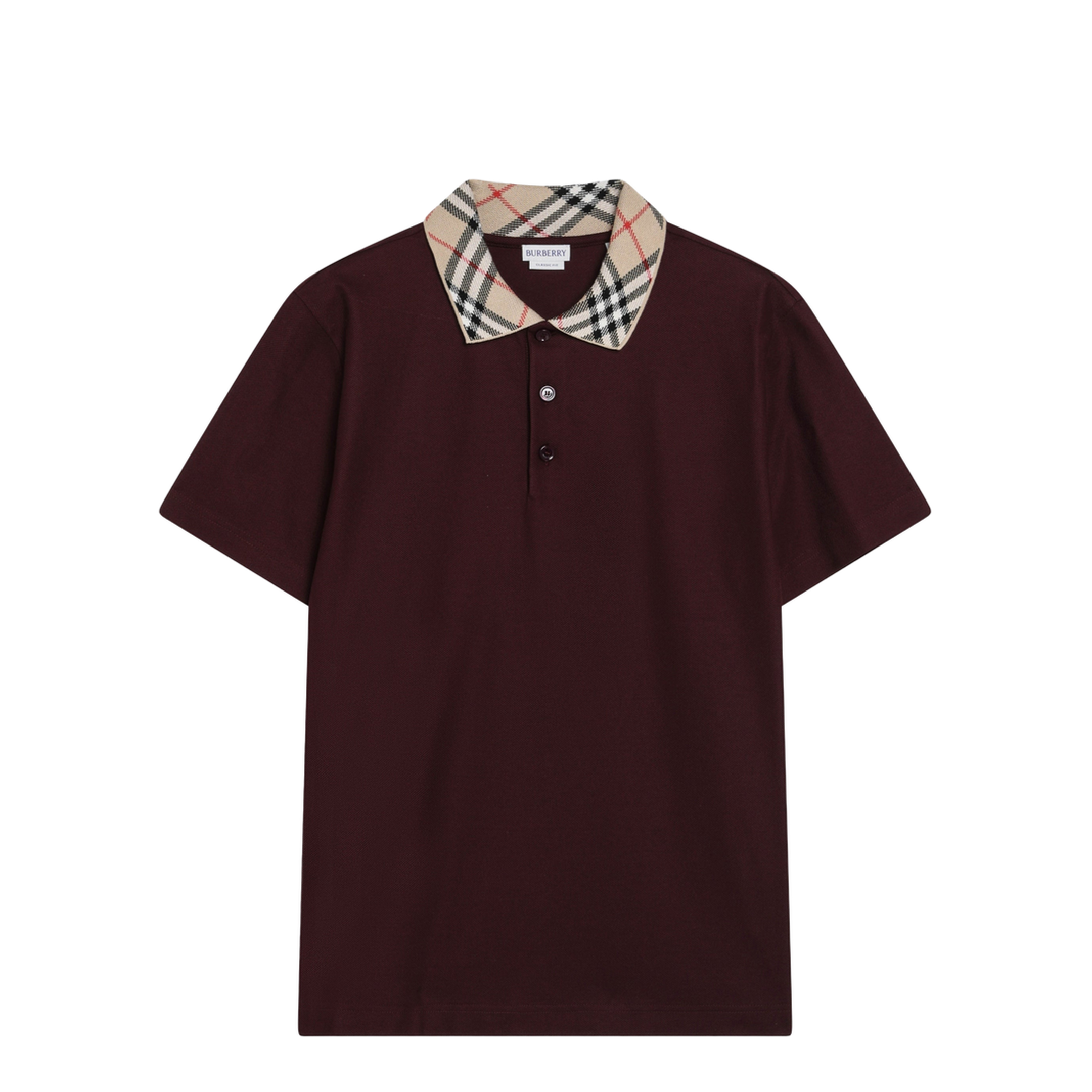 Cotton Polo Shirt with Check Collar in Vineyard Red - Image 1
