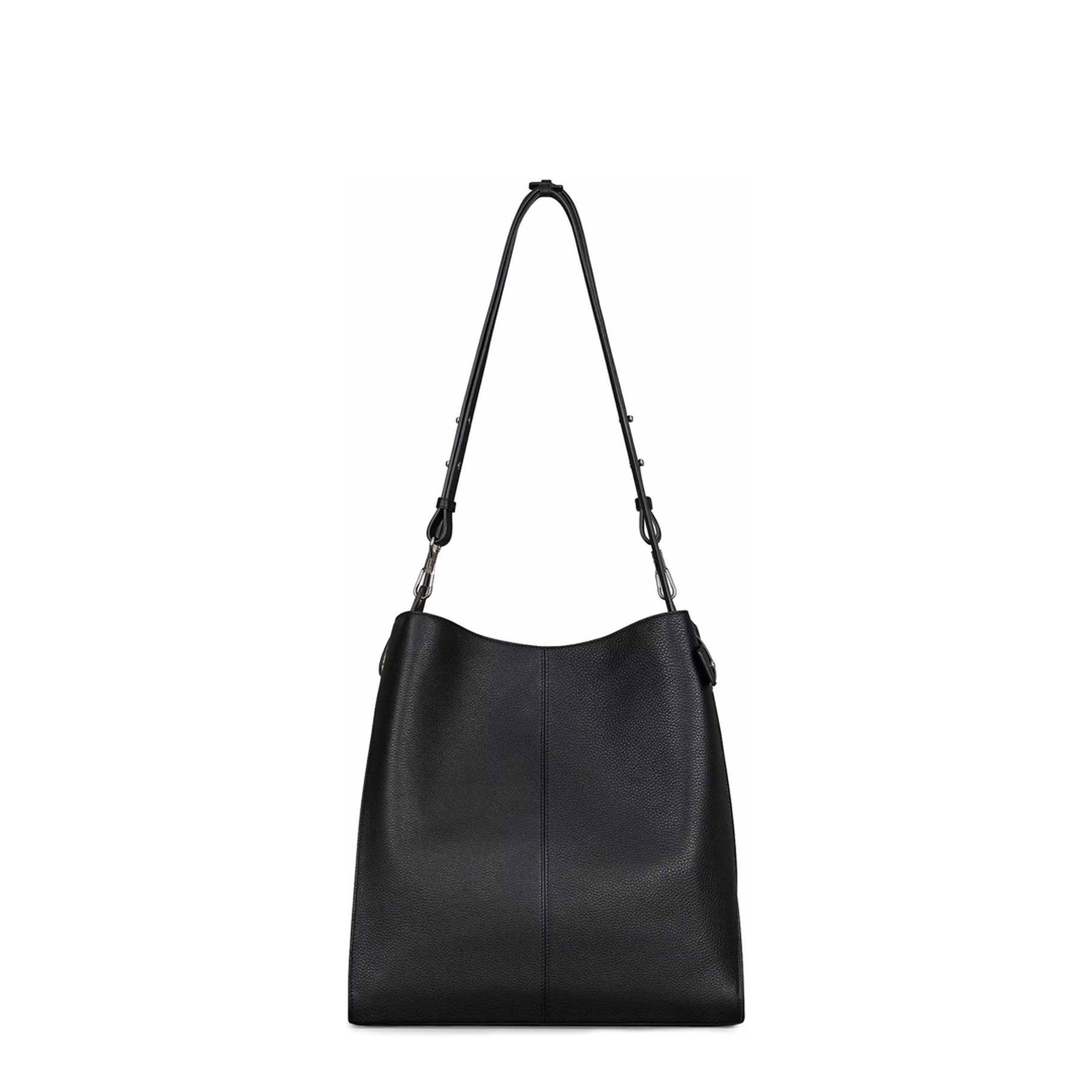 Belted Medium Grained Leather Hobo Bag - Black - Image 5