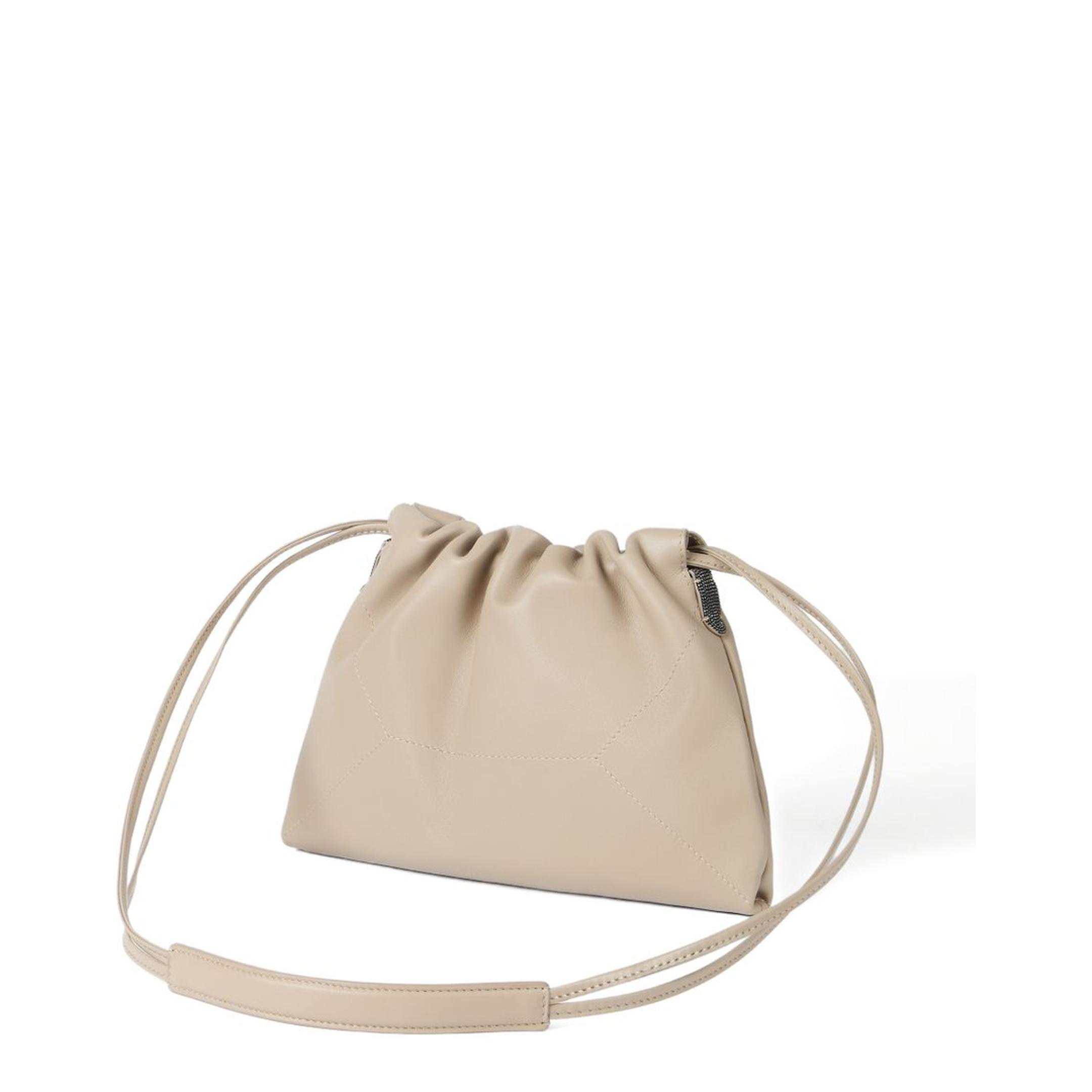 Drawstring Leather Shoulder Bag - Beige - Image 2