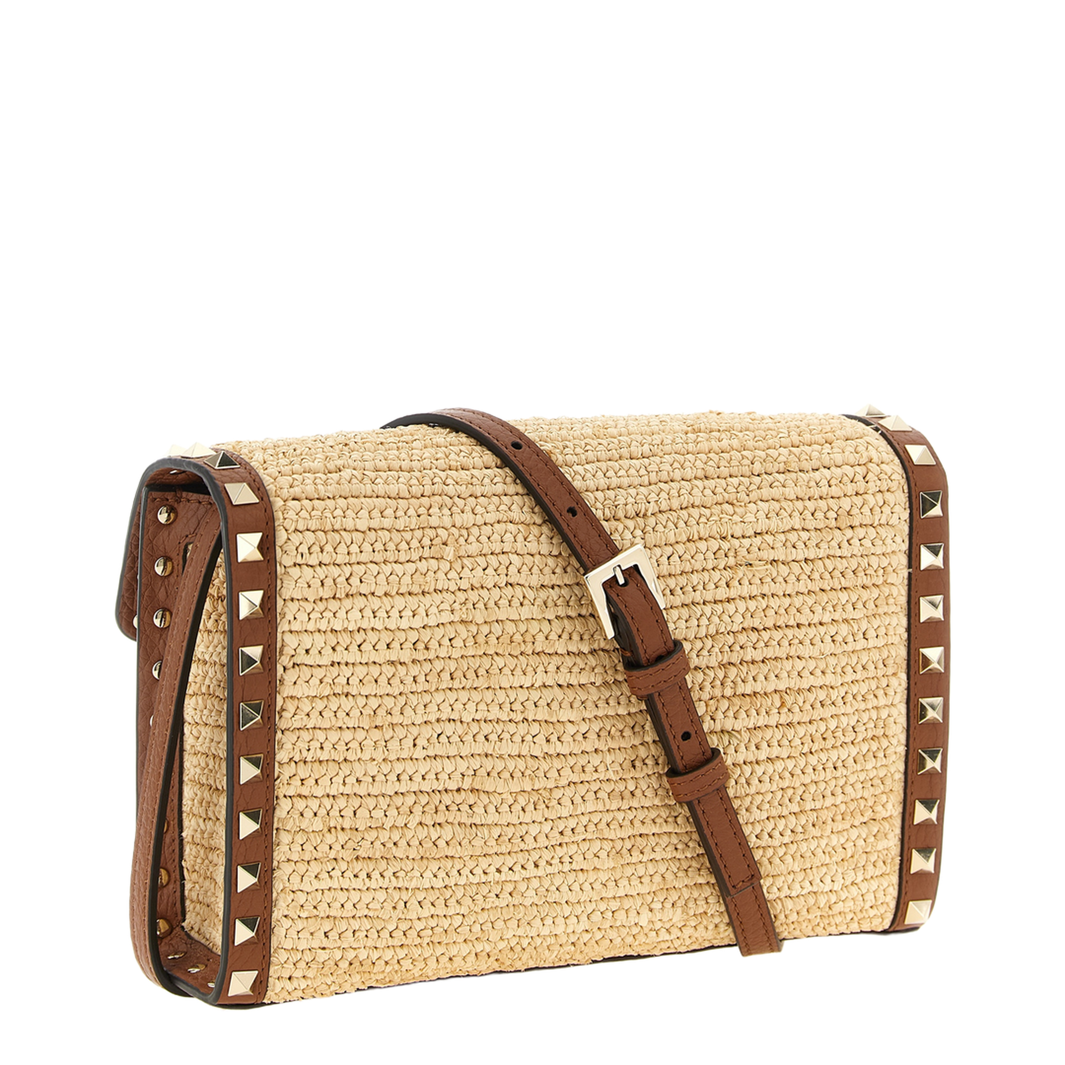 Rockstud Small Raffia Shoulder Bag - Natural / Saddle Brown - Image 1
