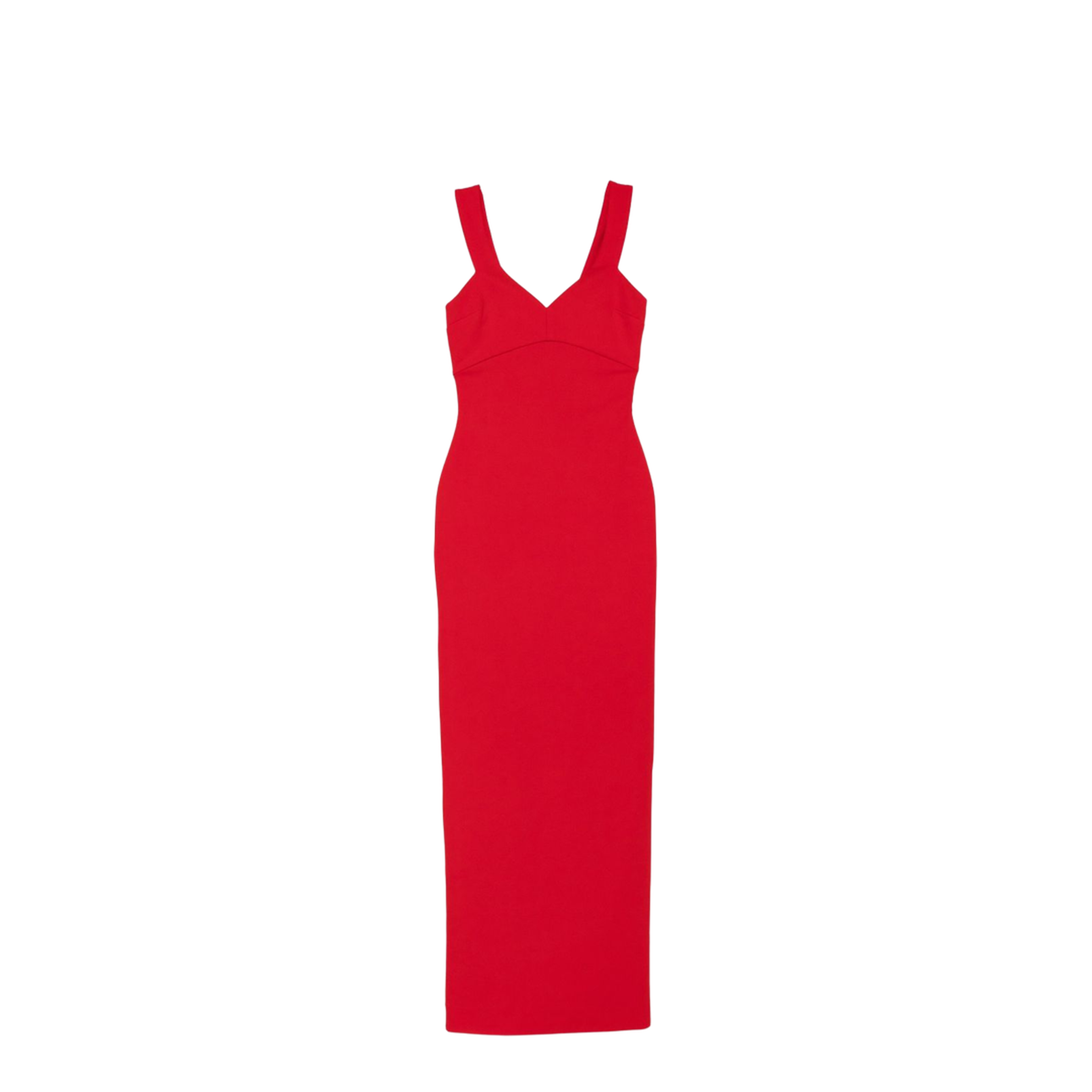 Red Sleeveless Design V-Neckline Fitted Bodice Maxi Length Straight Skirt - Image 1